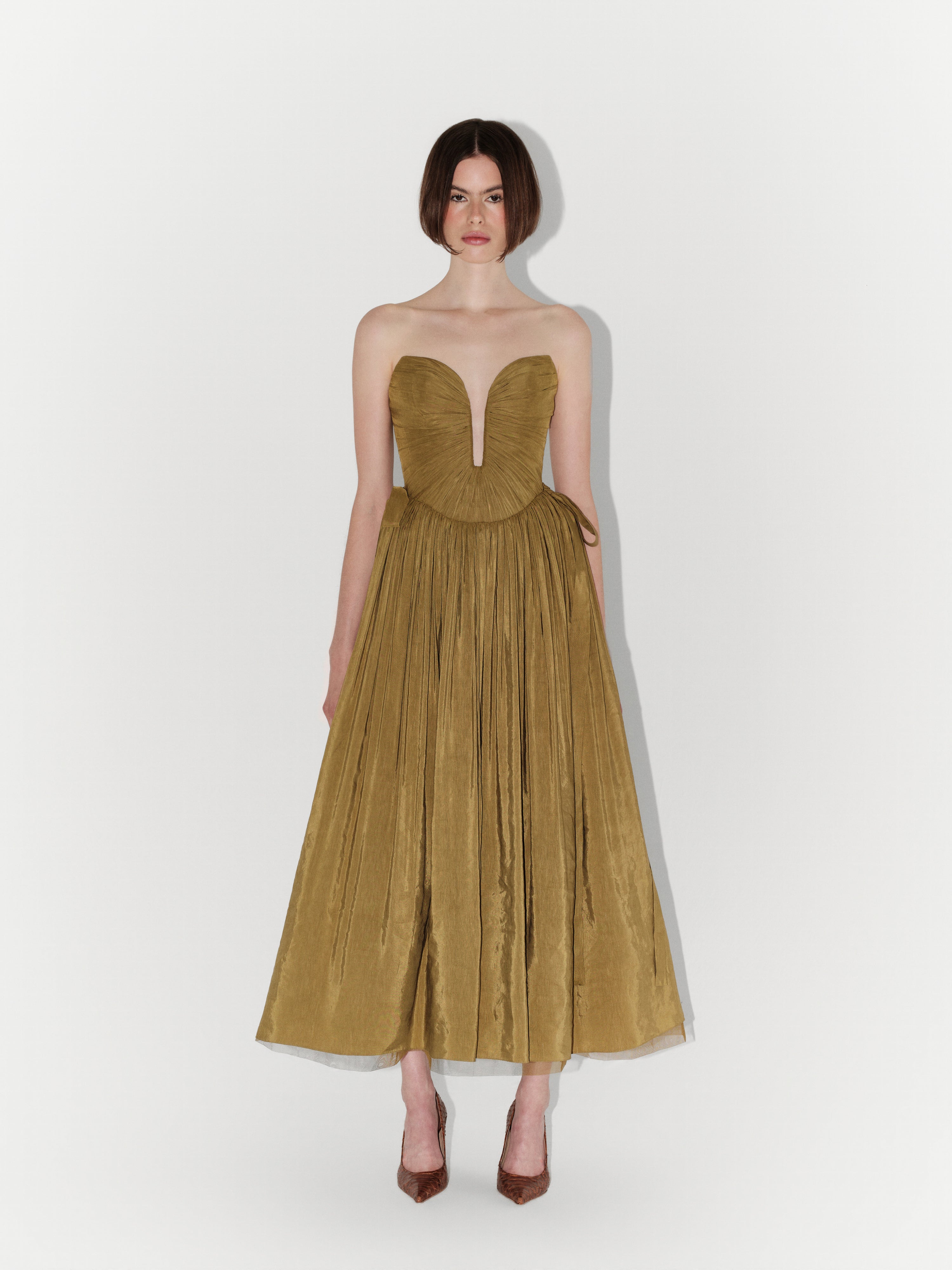 Draped Taffeta Strapless Midi Dress in Olive Gold
