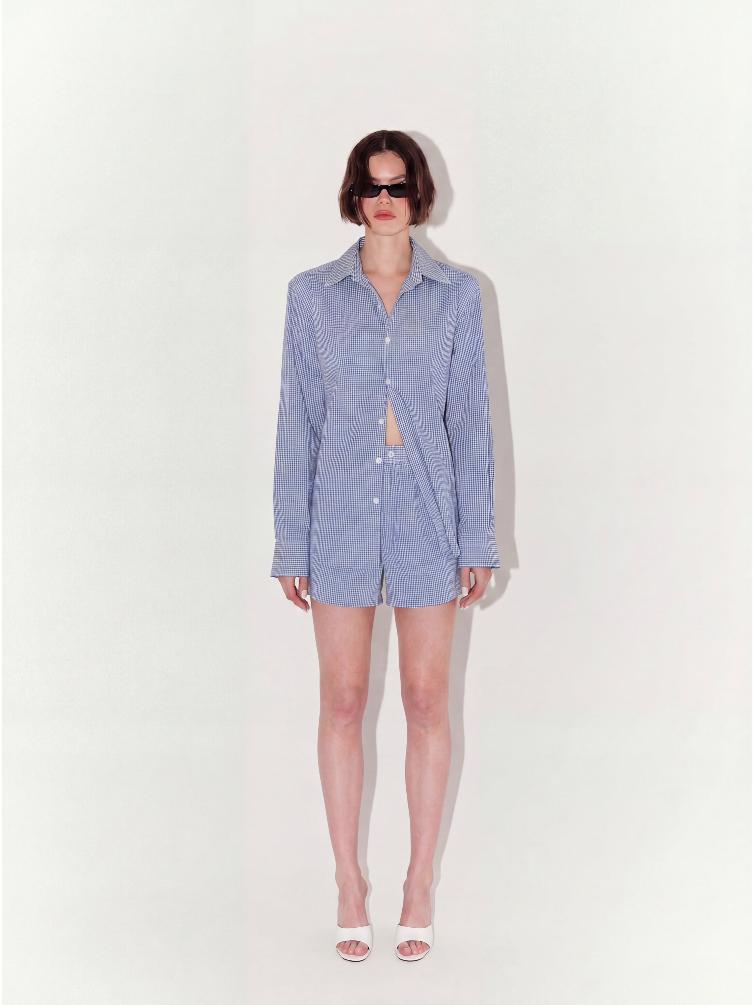 Relaxed Fit Gingham Shirt And Shorts Set in Blue and White