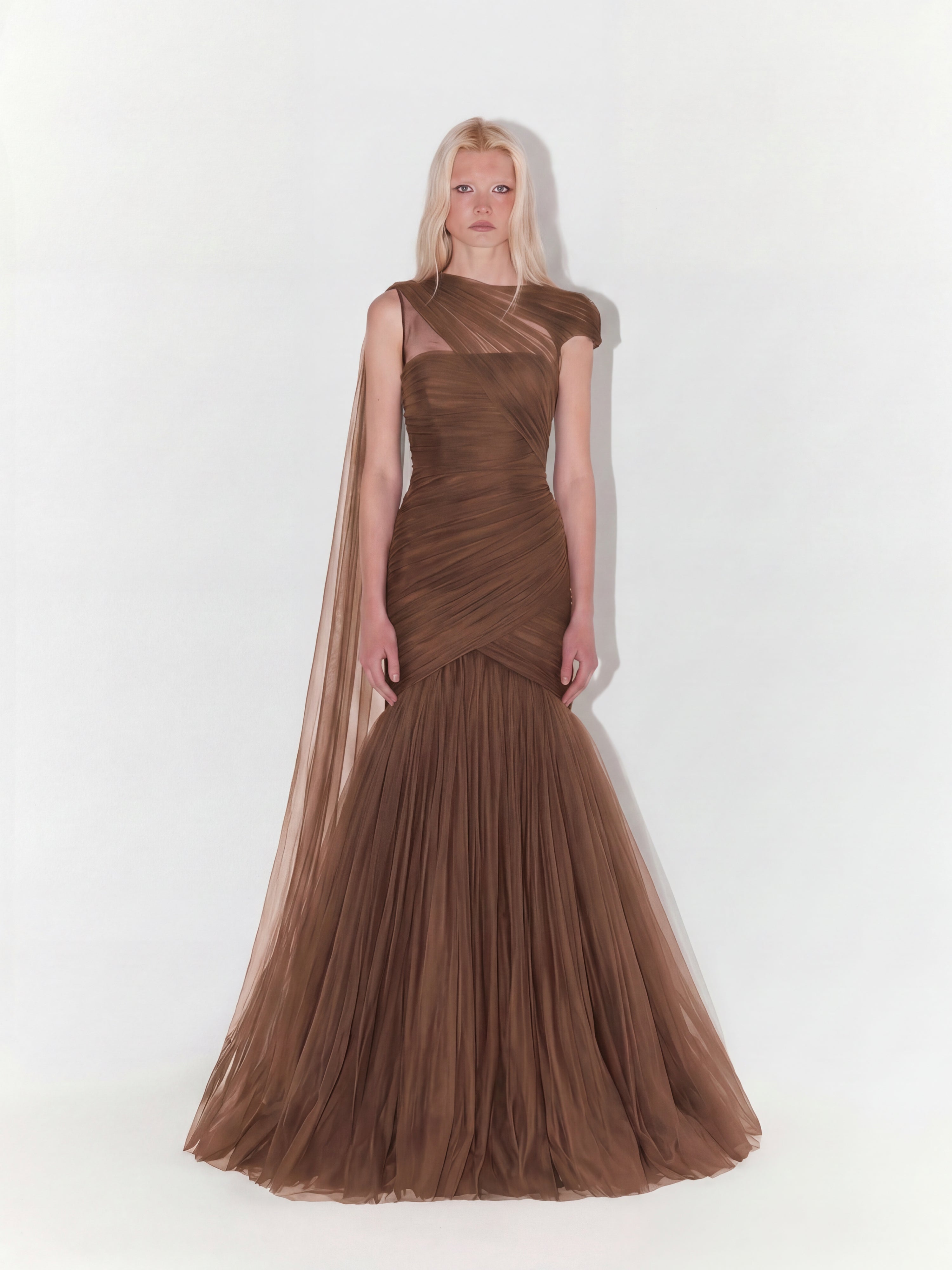 One-Shoulder Couture Structural Tulle Gown In Brown