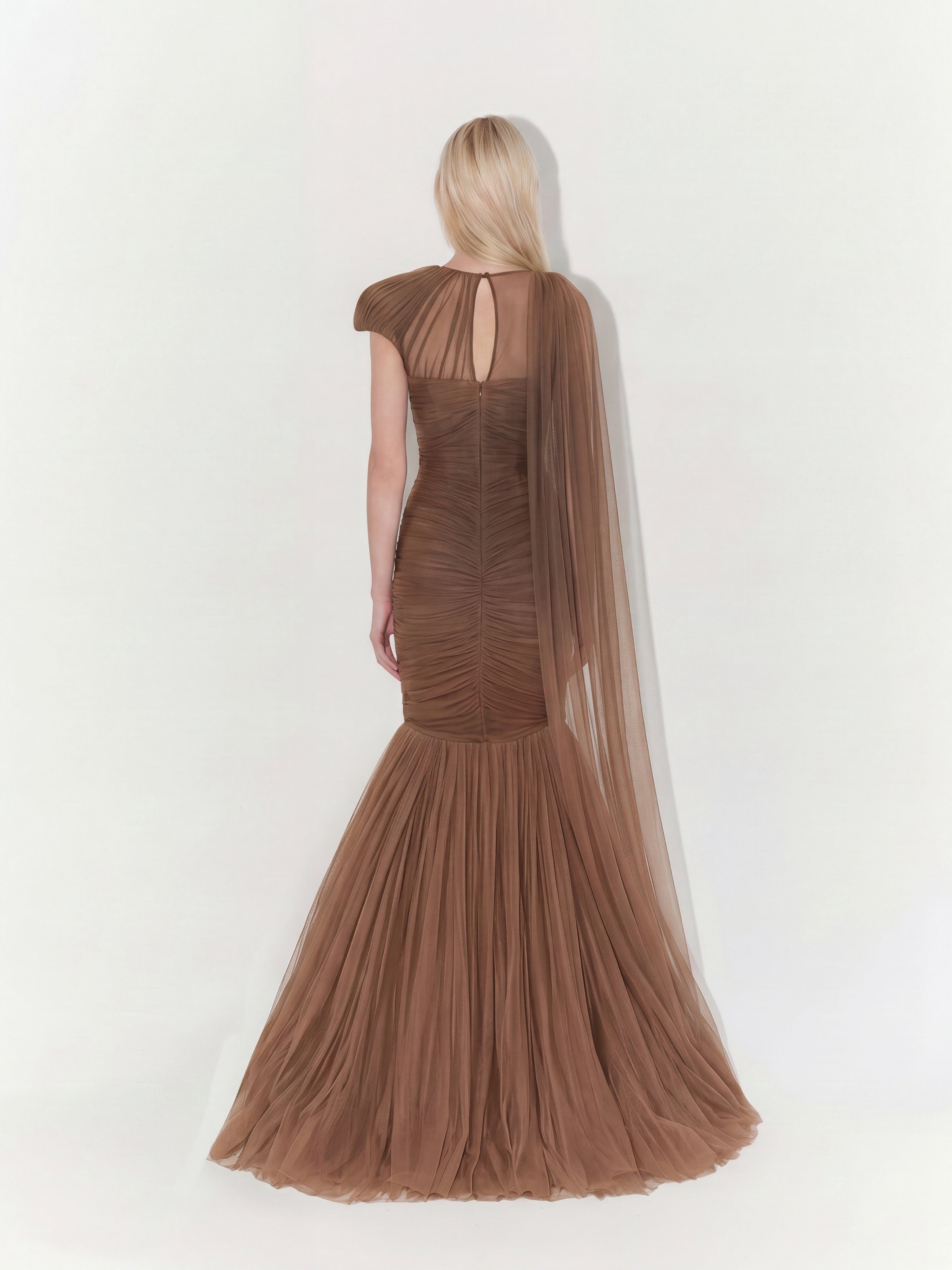 One-Shoulder Couture Structural Tulle Gown In Brown