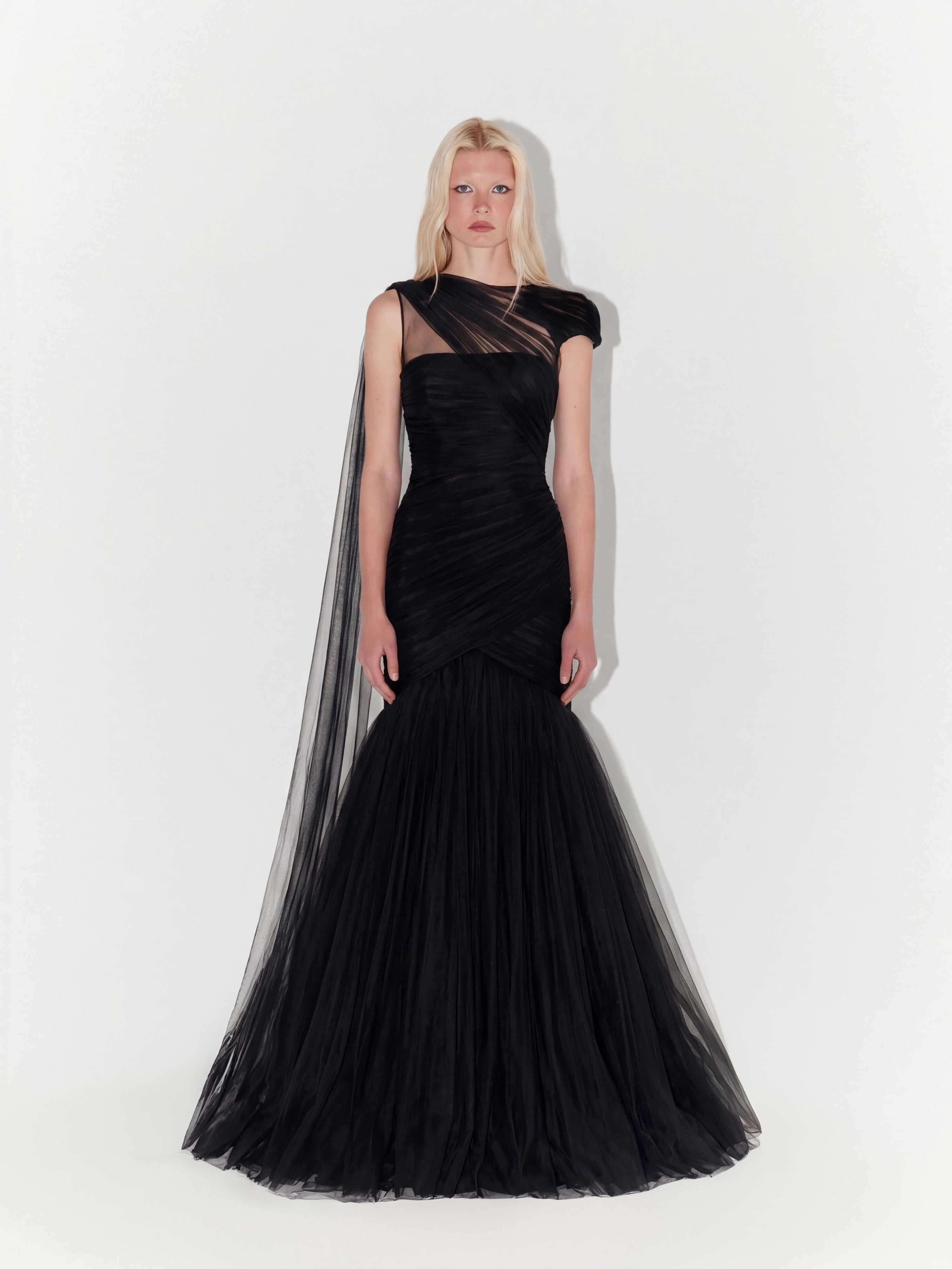One-Shoulder Couture Structural Tulle Gown In Black