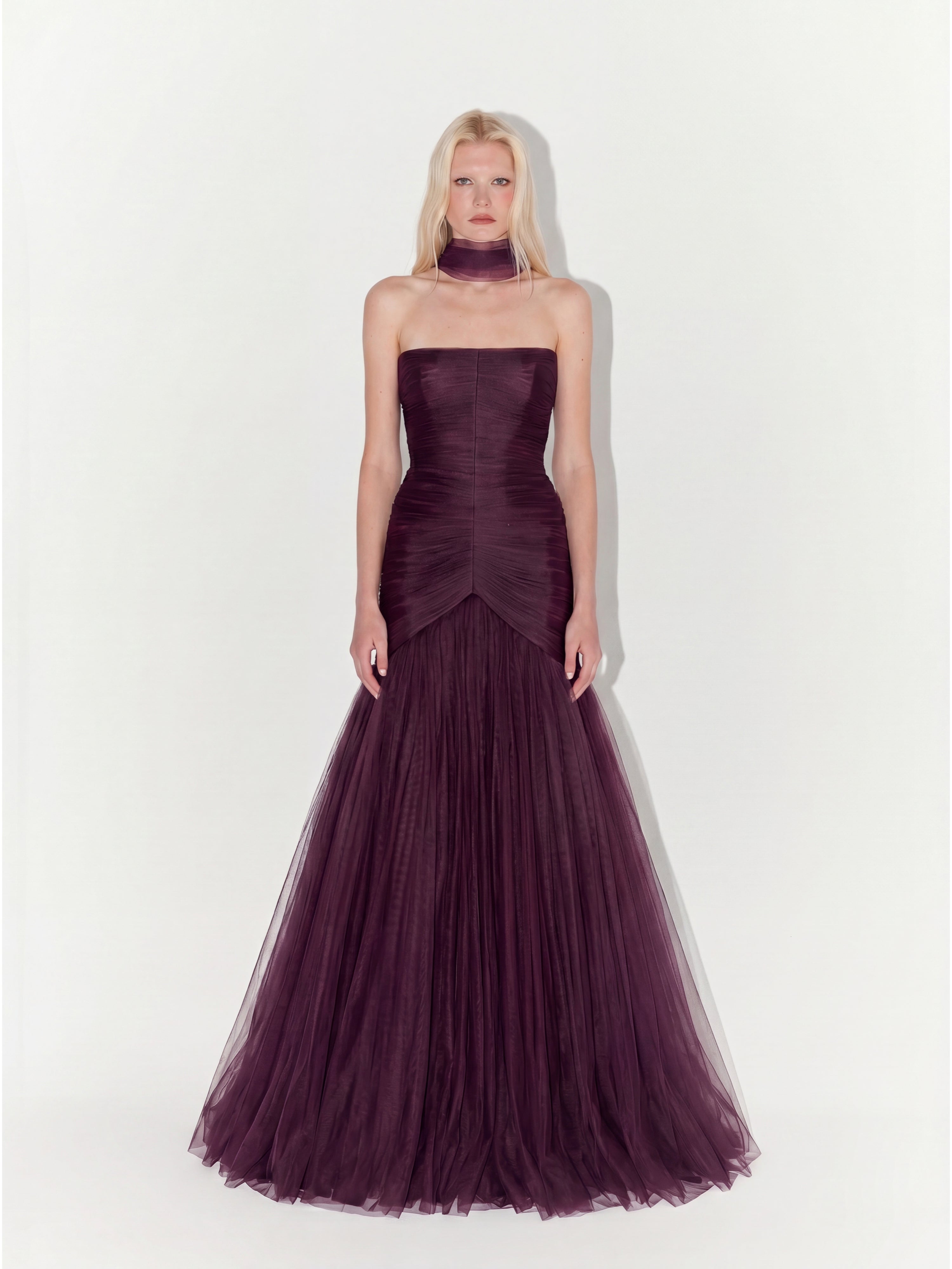 Draped Strapless Tulle Gown with Scarf In Purple