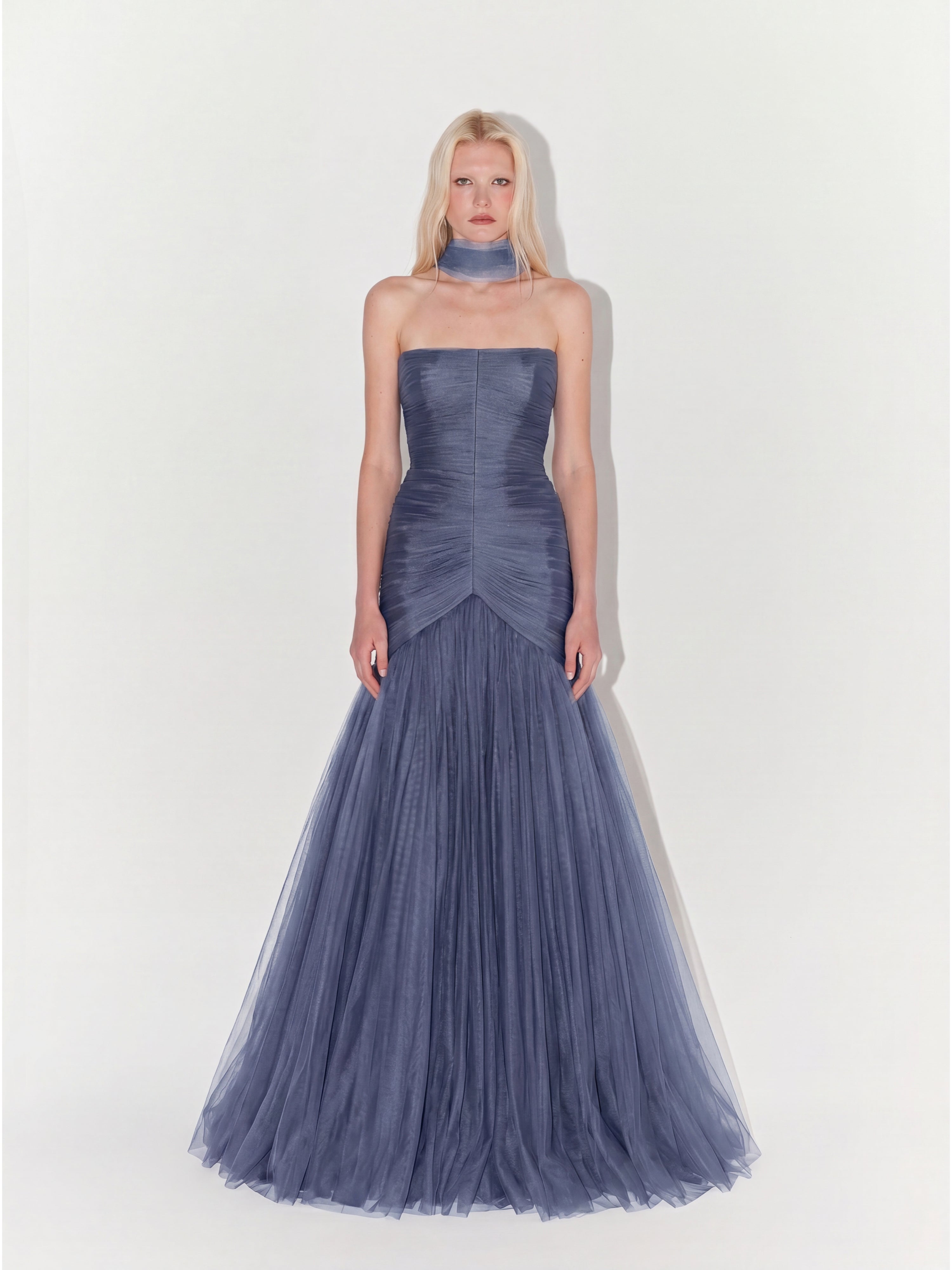 Draped Strapless Tulle Gown with Scarf In Blue