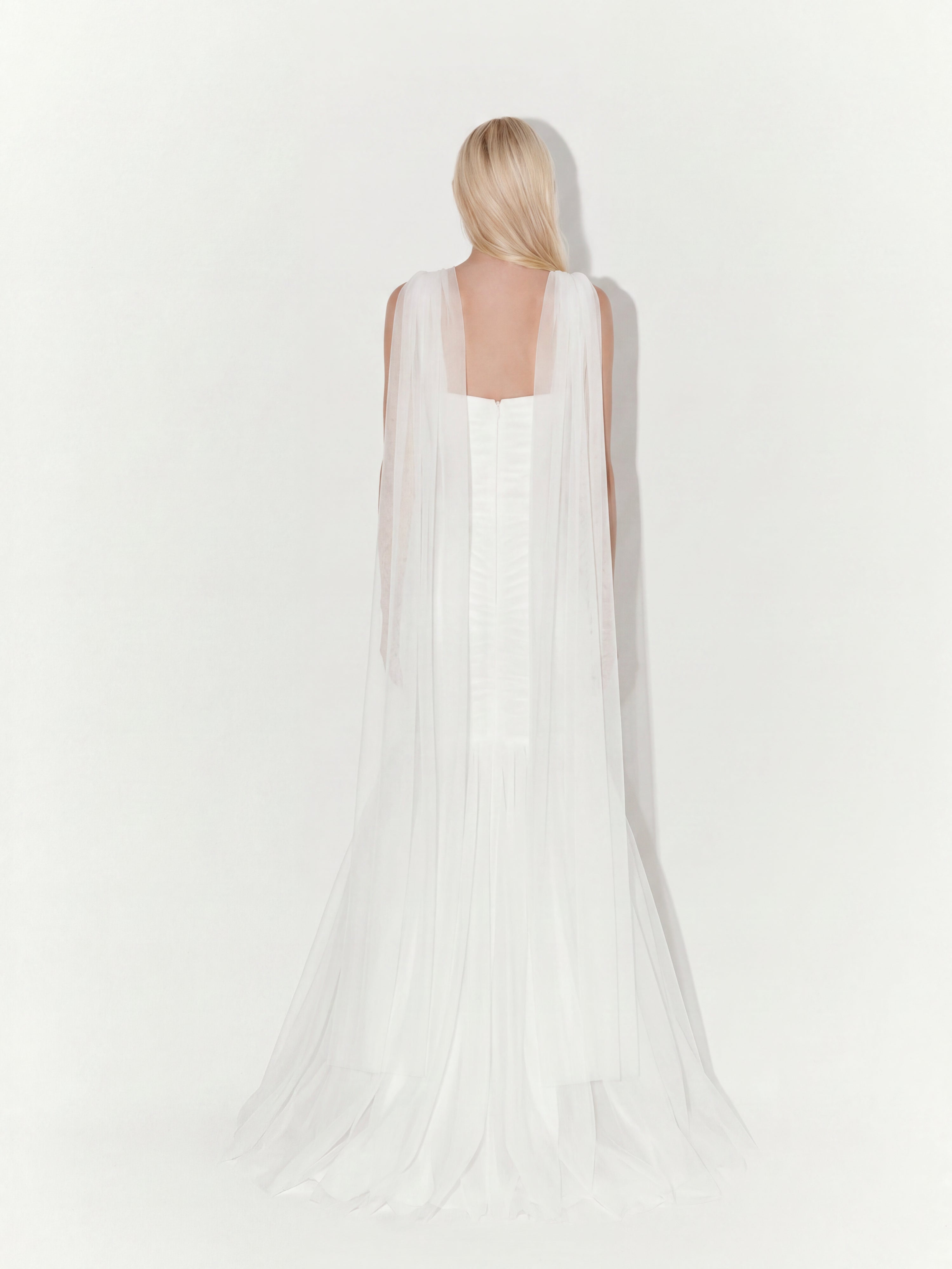 Draped Strapless Tulle Gown with Scarf In White