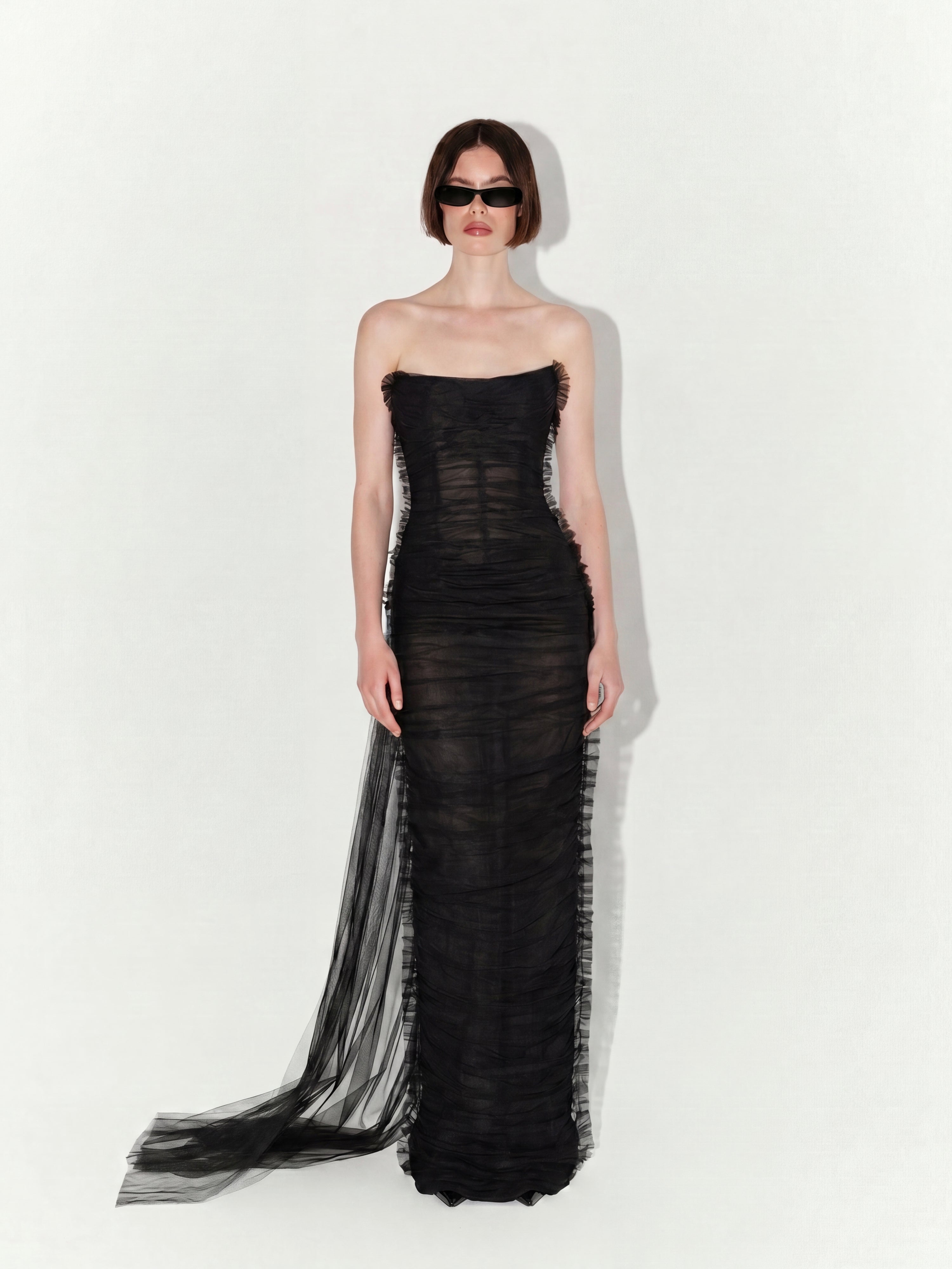 Draped Tulle Couture Gown with Train In Black