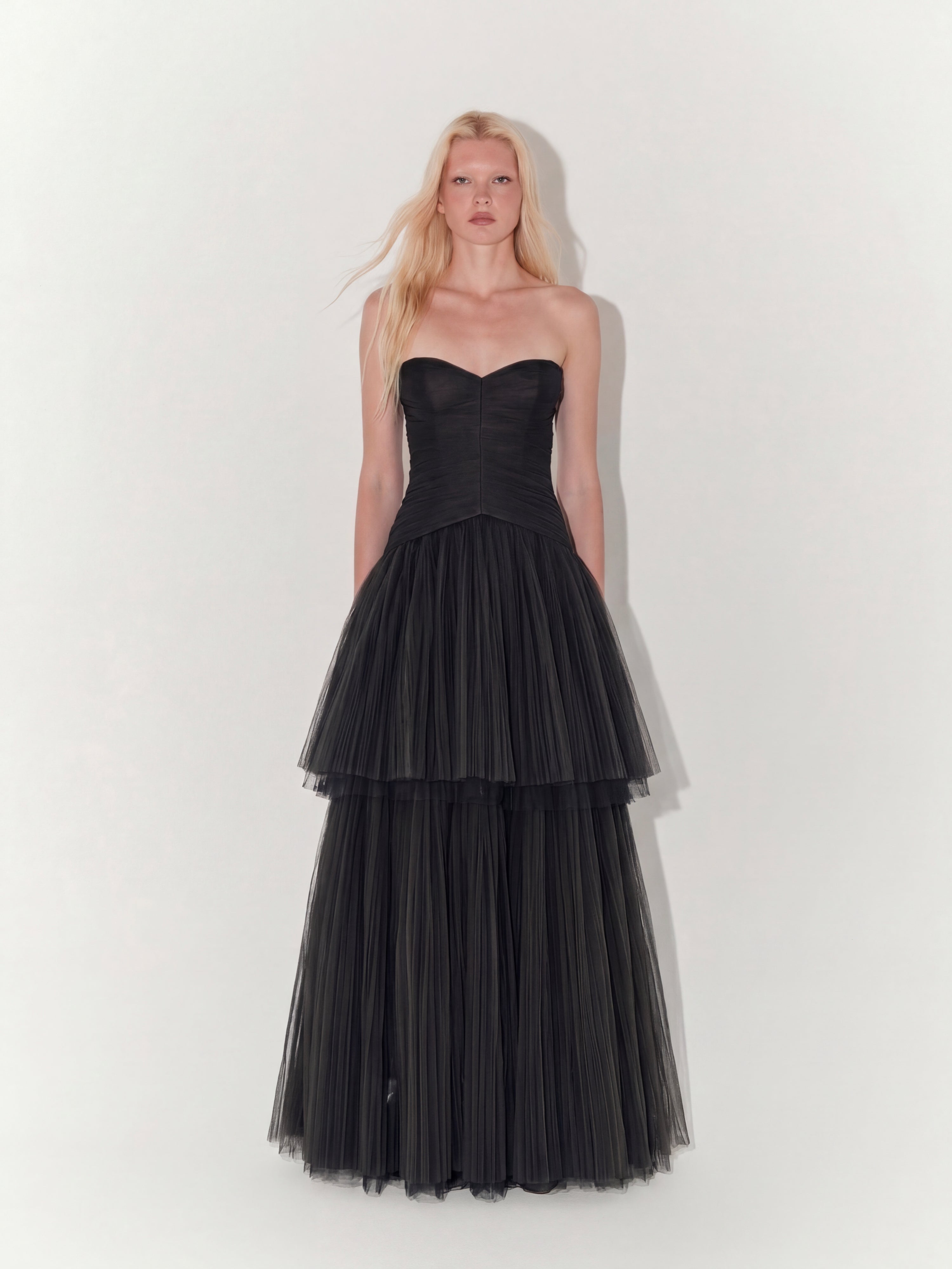 Strapless Double-Layer Tulle Couture Gown In Black