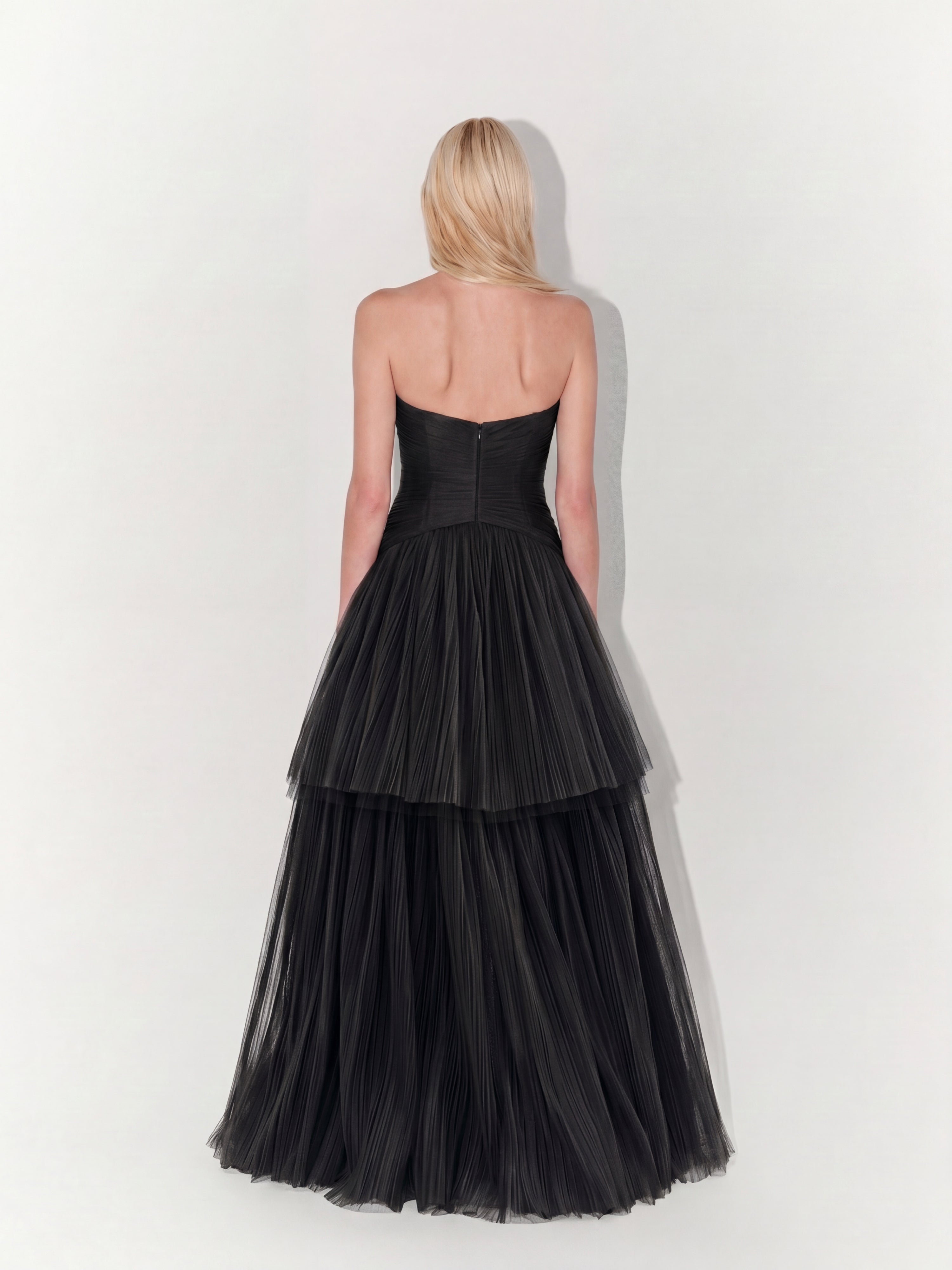 Strapless Double-Layer Tulle Couture Gown In Black