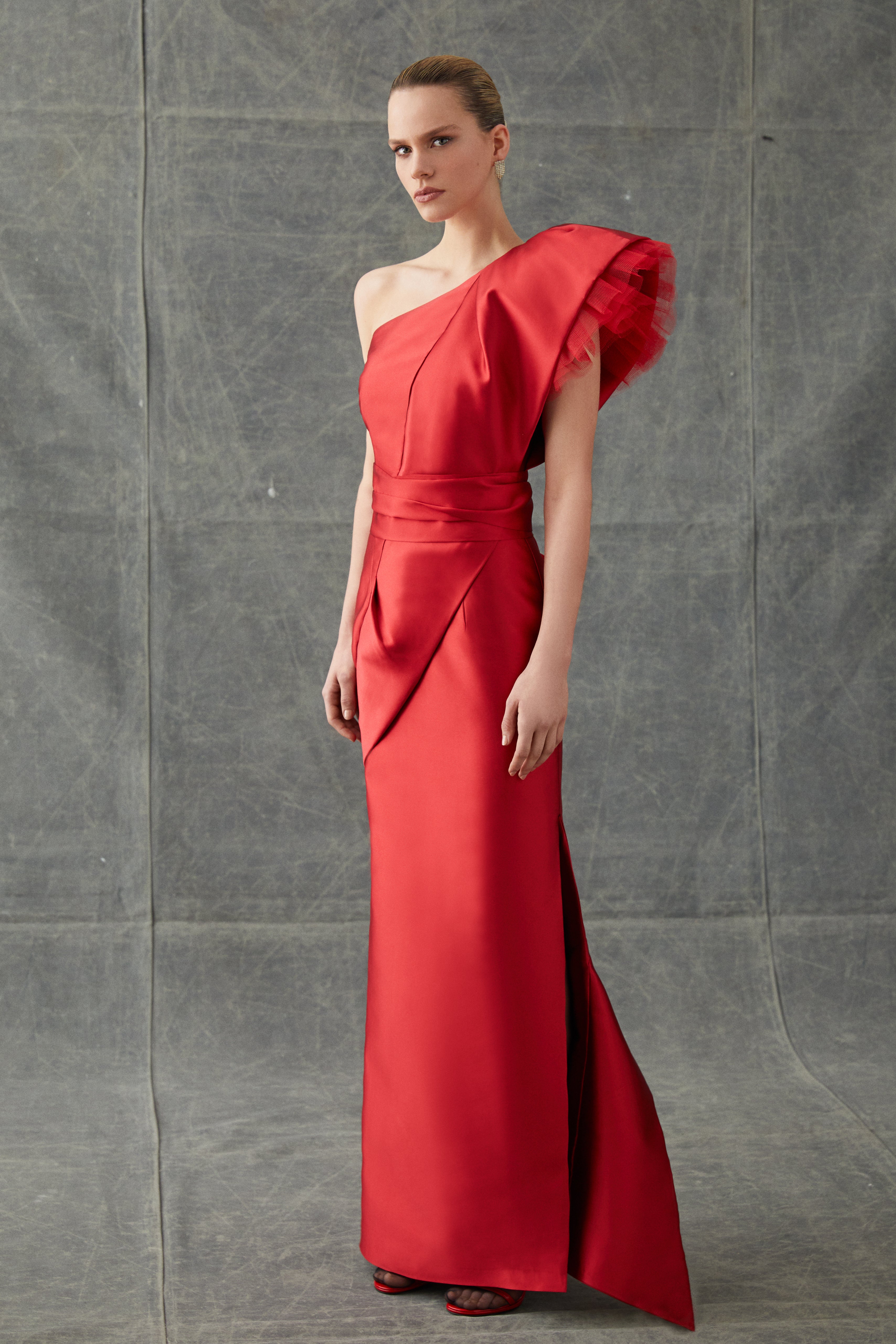 One-Shoulder Ruffled Tulle-Trimmed Satin Gown