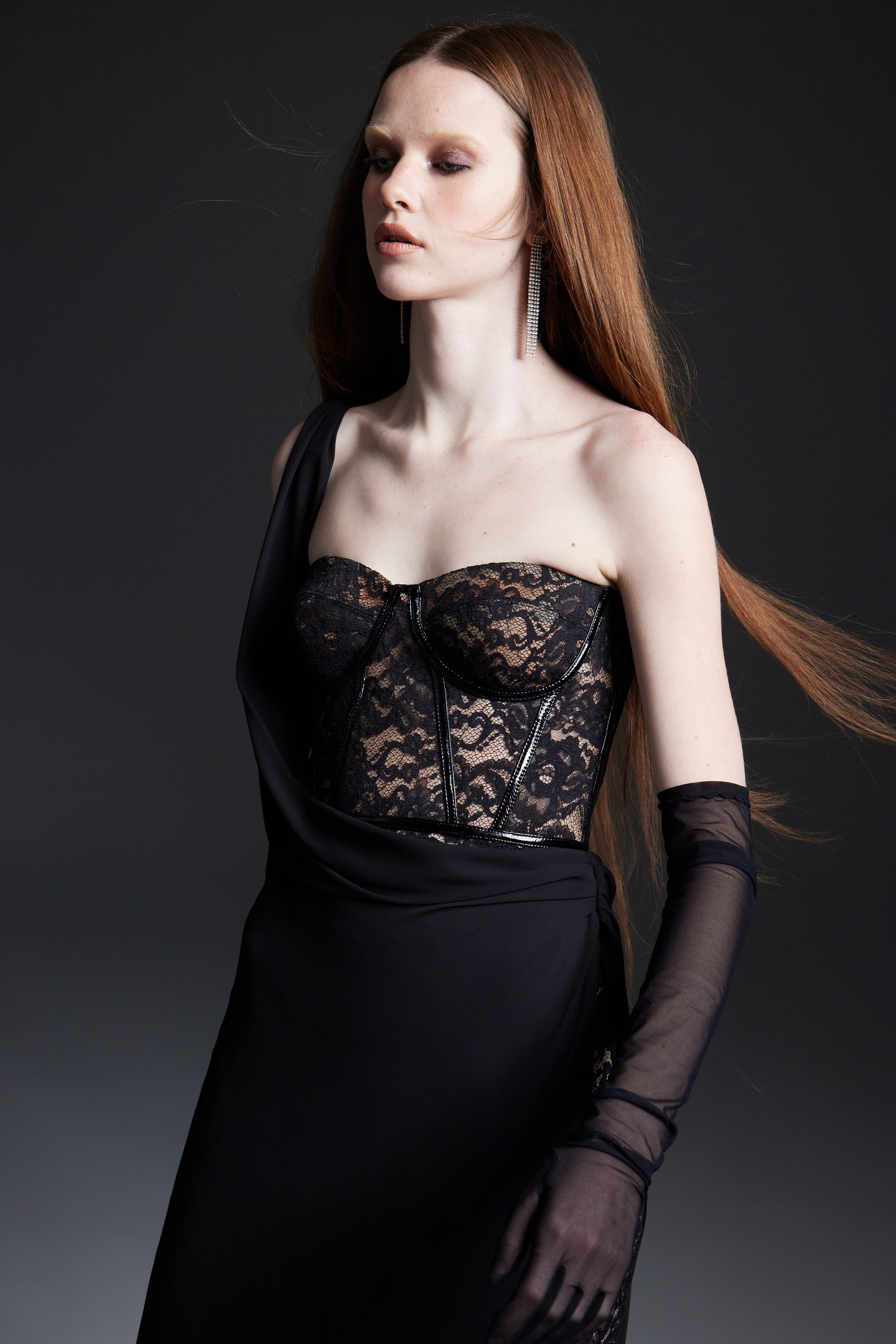 Black One-Shoulder Draped Lace Corset Dress