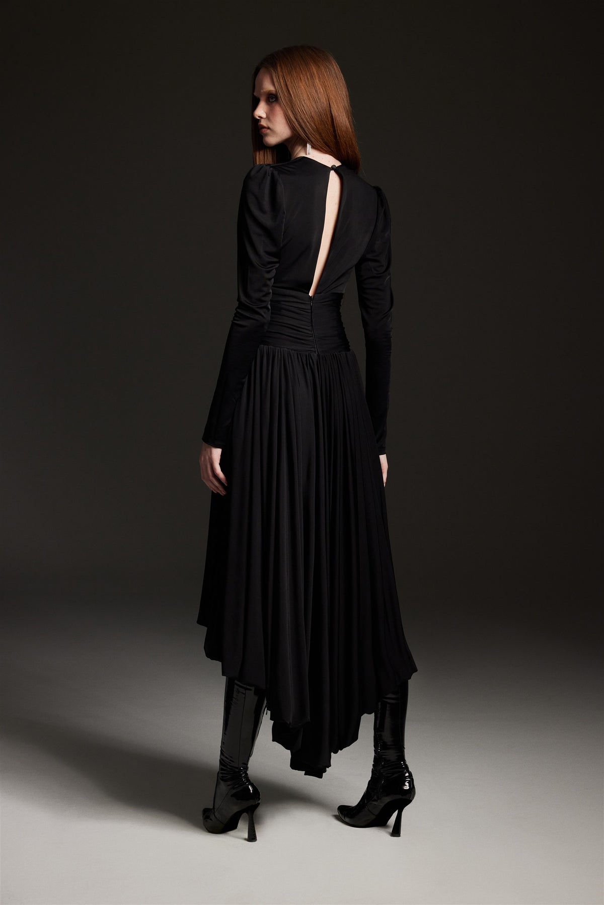 Black Gathered Jersey Midi Dress