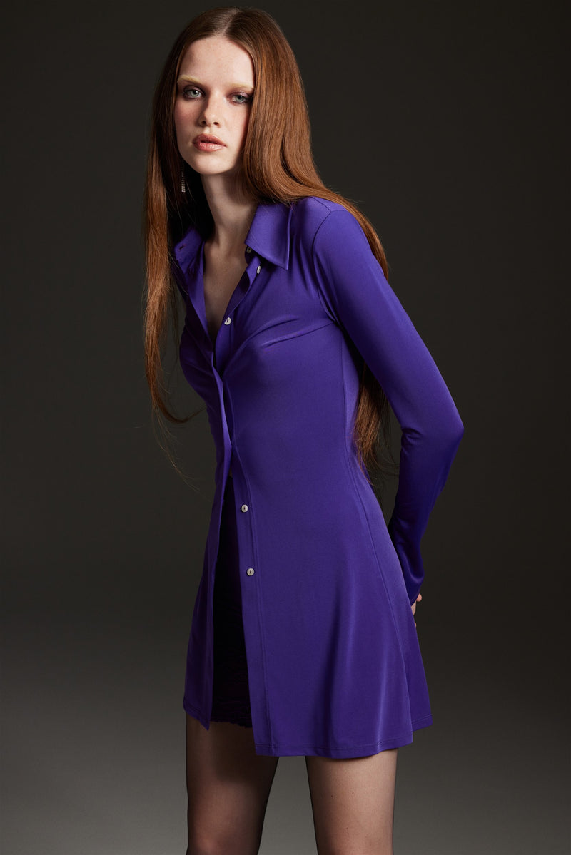 "Alek" Purple Jersey Mini Shirt Dress