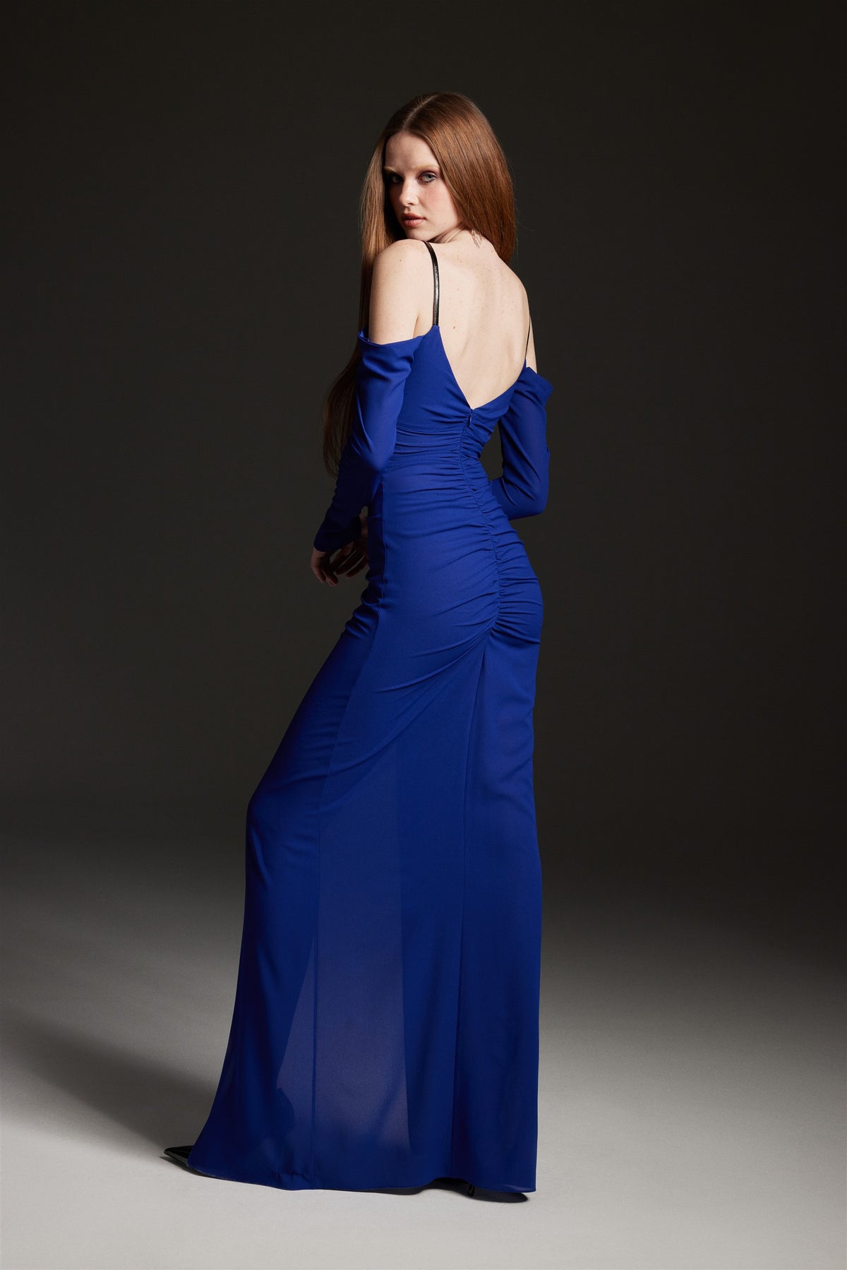 Midnight Blue Off-the-Shoulder Ruched Maxi Dress