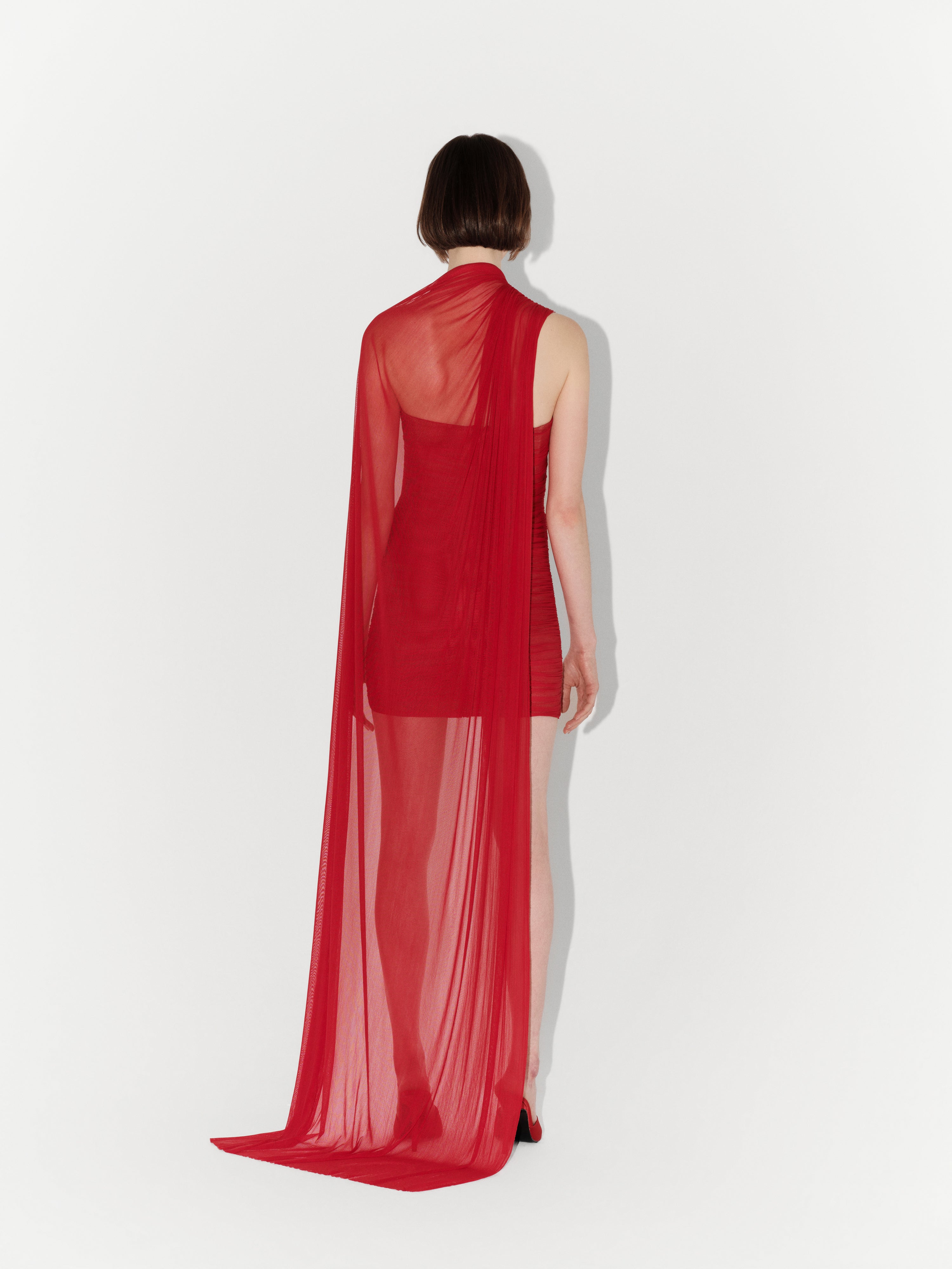 Silk Tulle Draped Fitted Couture Mini Dress in Red