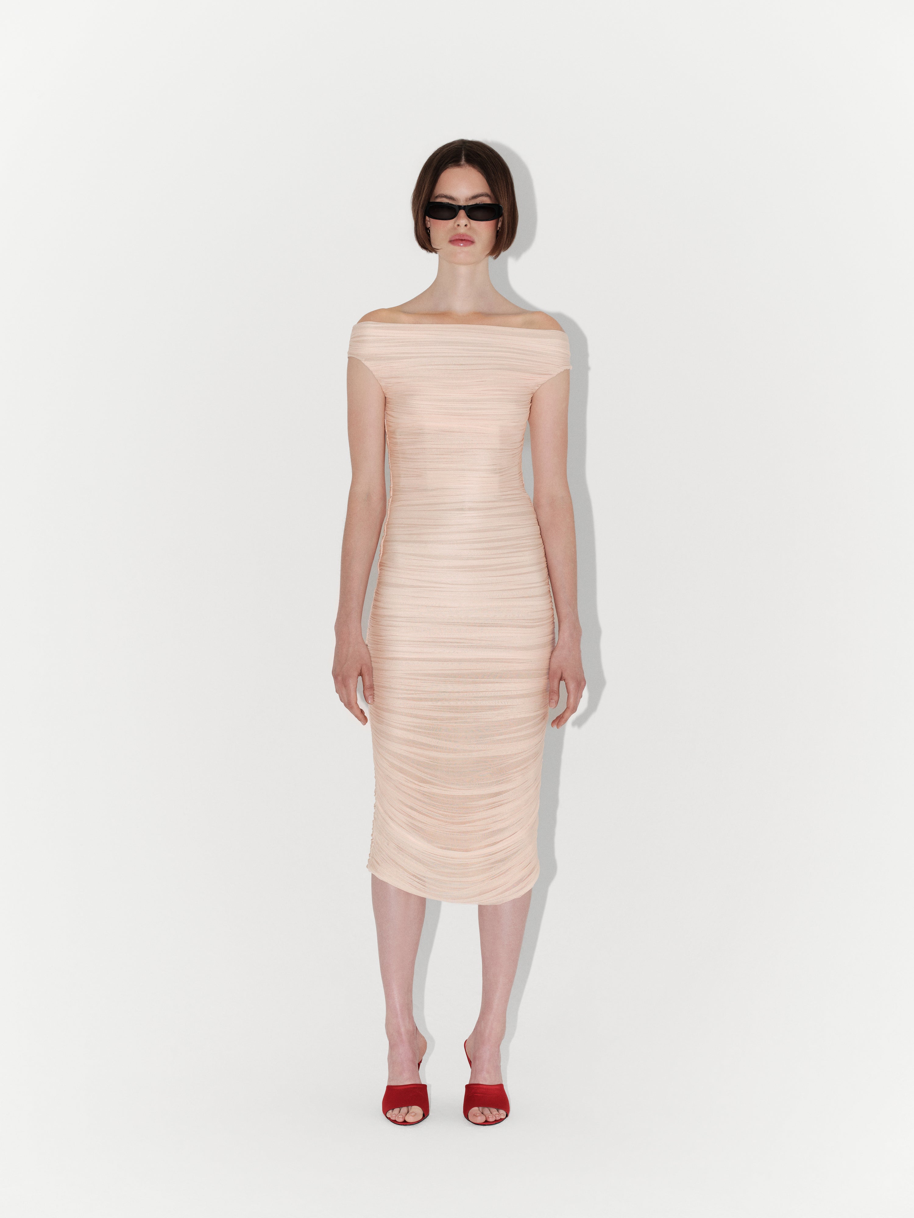Draped Silk Tulle Off-Shoulder Fitted Midi Dress in Pink
