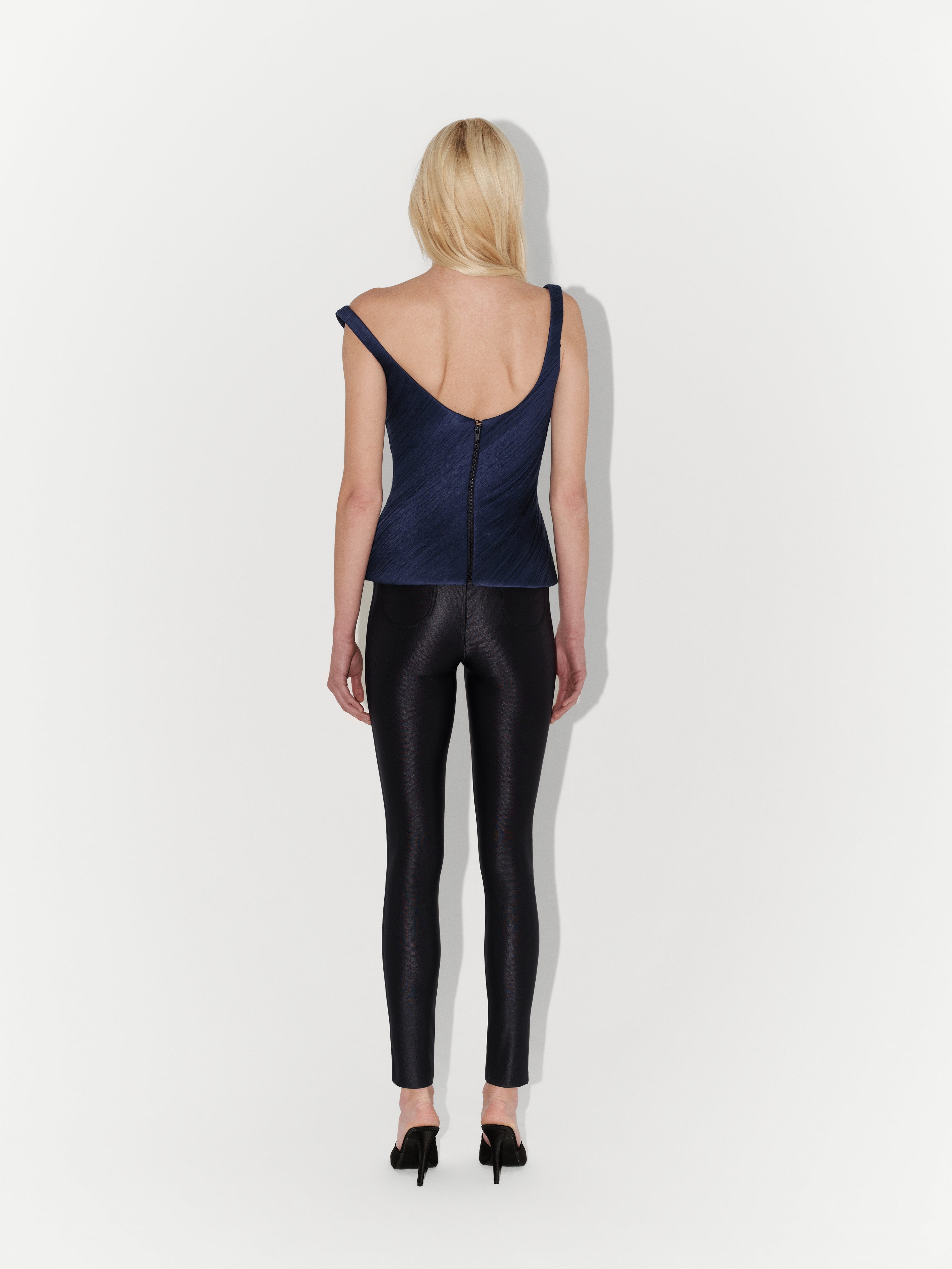 Silk Tulle Draped Sculptural Bustier in Navy Blue