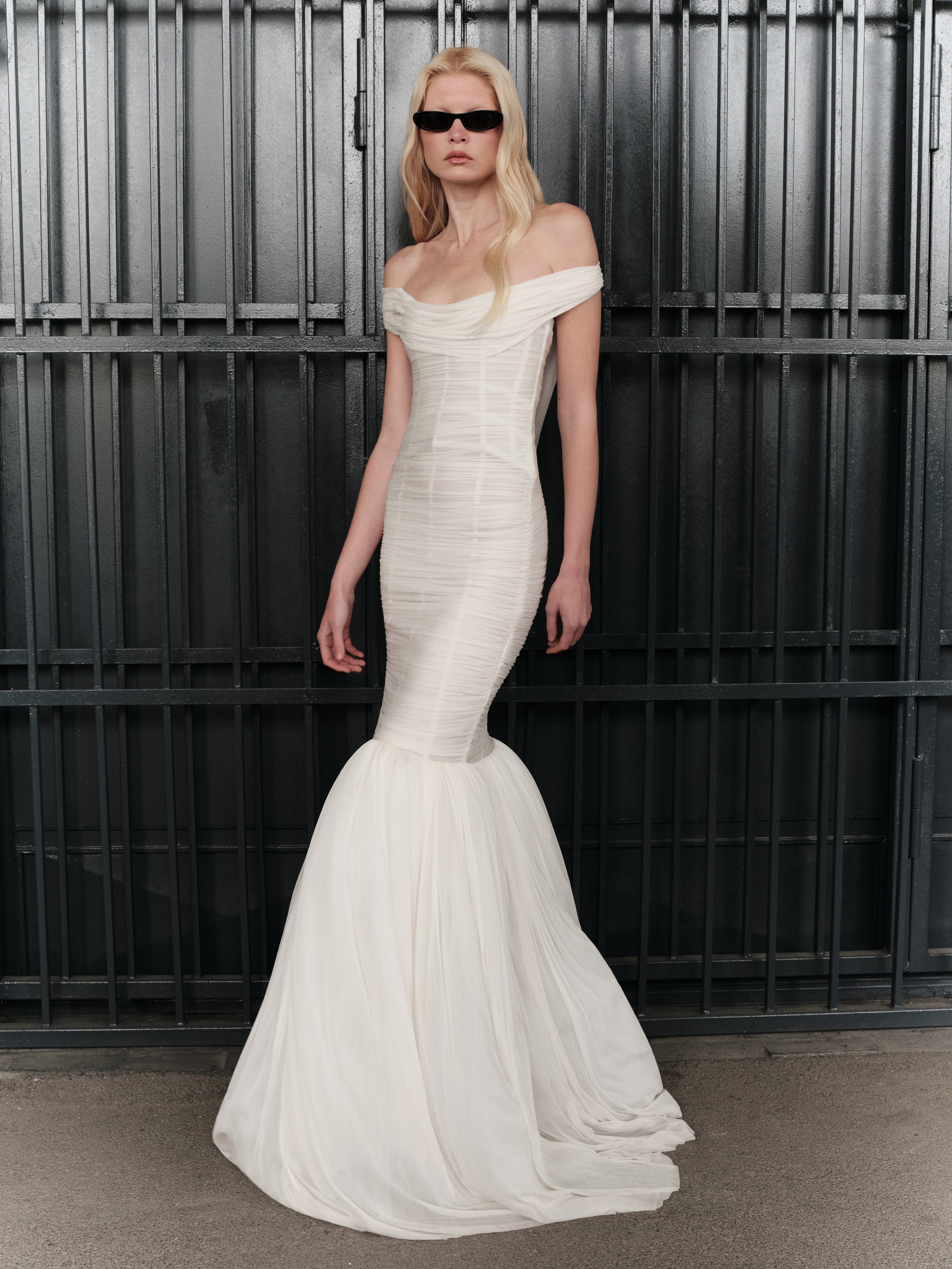 Off-Shoulder Draped Silk Tulle Mermaid Gown in White