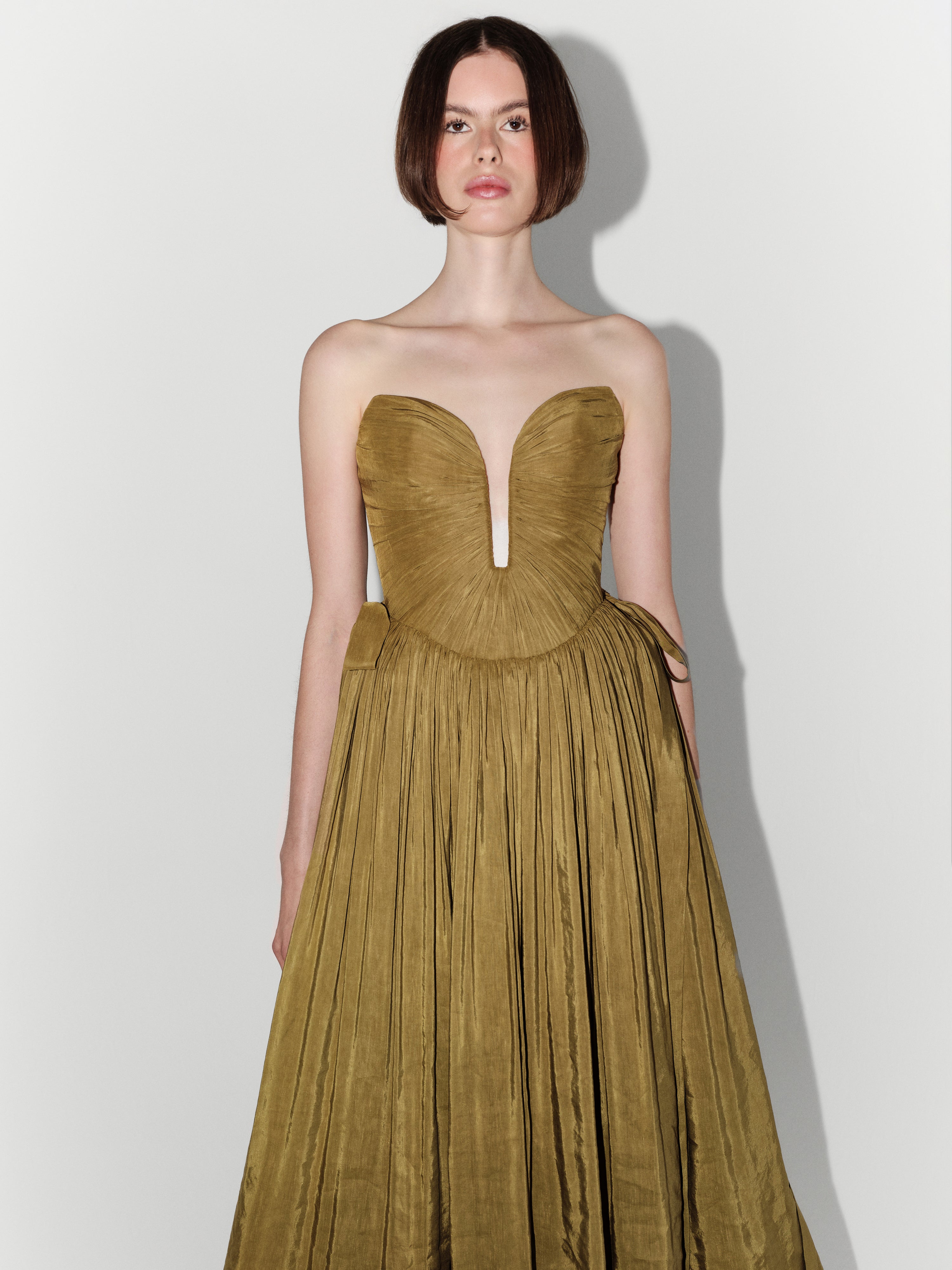Draped Taffeta Strapless Midi Dress In Olive Gold