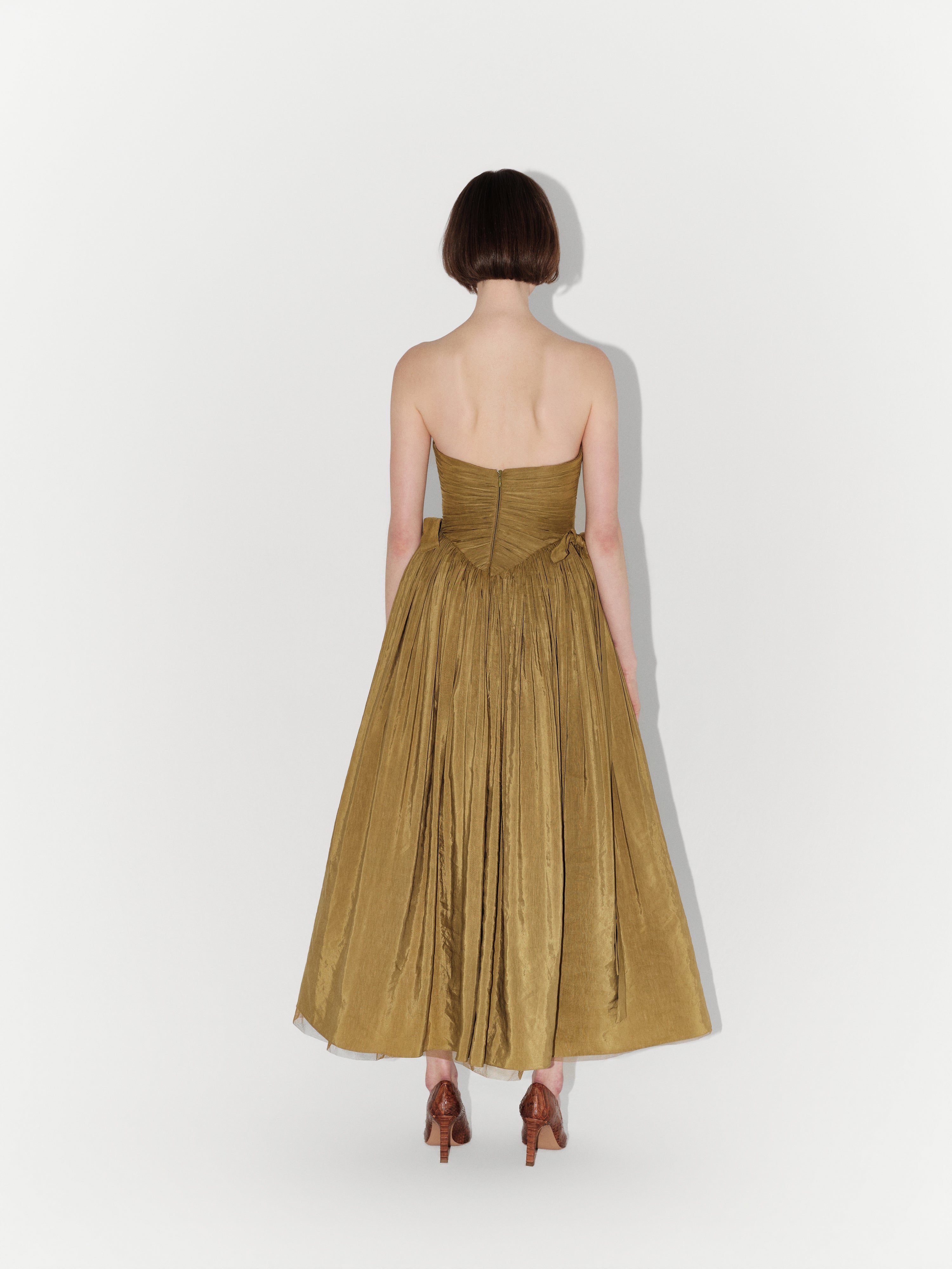 Draped Taffeta Strapless Midi Dress in Olive Gold