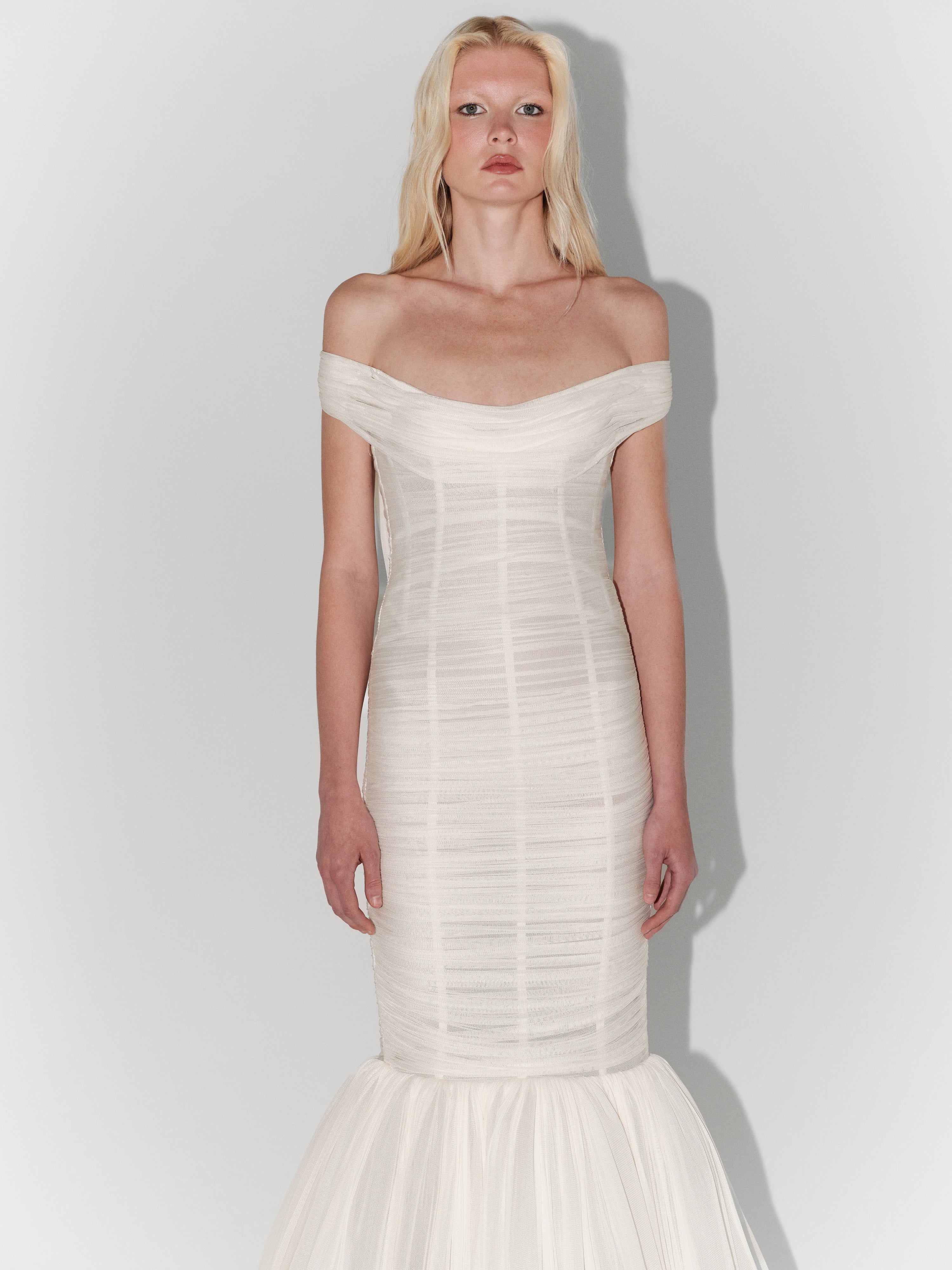 Off-Shoulder Draped Silk Tulle Mermaid Gown in White