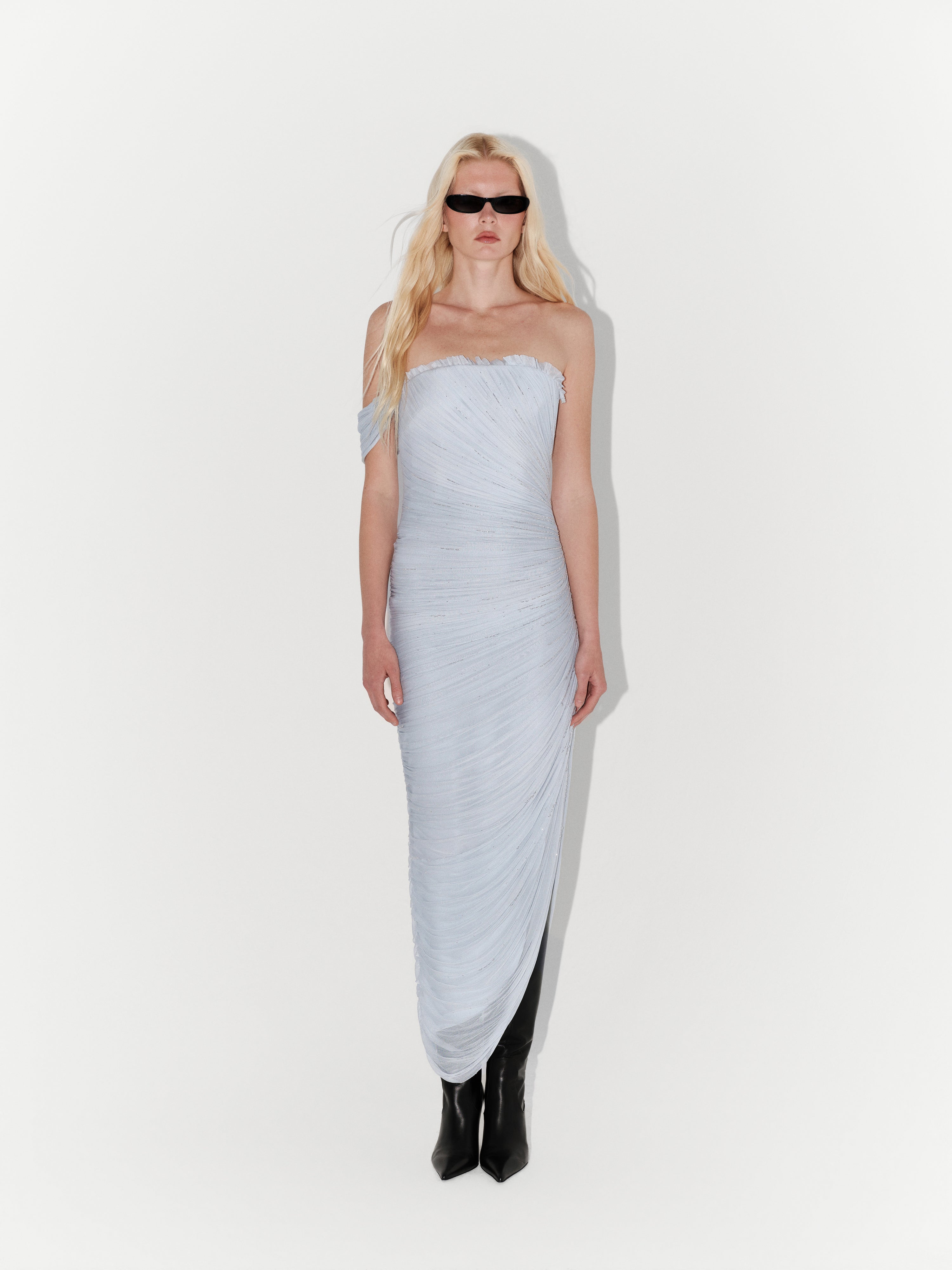 Hand-Embellished Silk Tulle Midi Dress in Light Blue