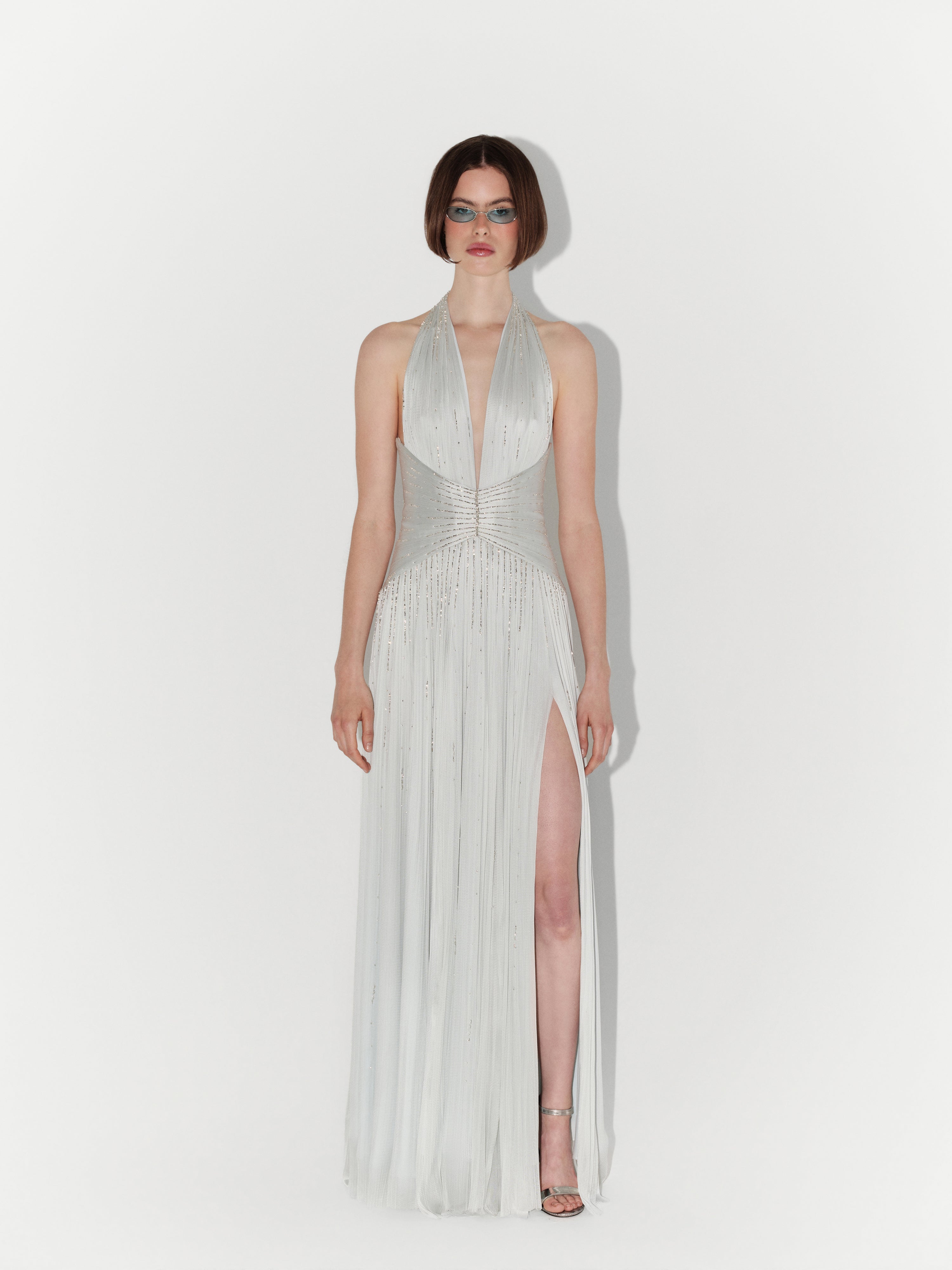 Hand-Embellished Silk Tulle Gown in Mint
