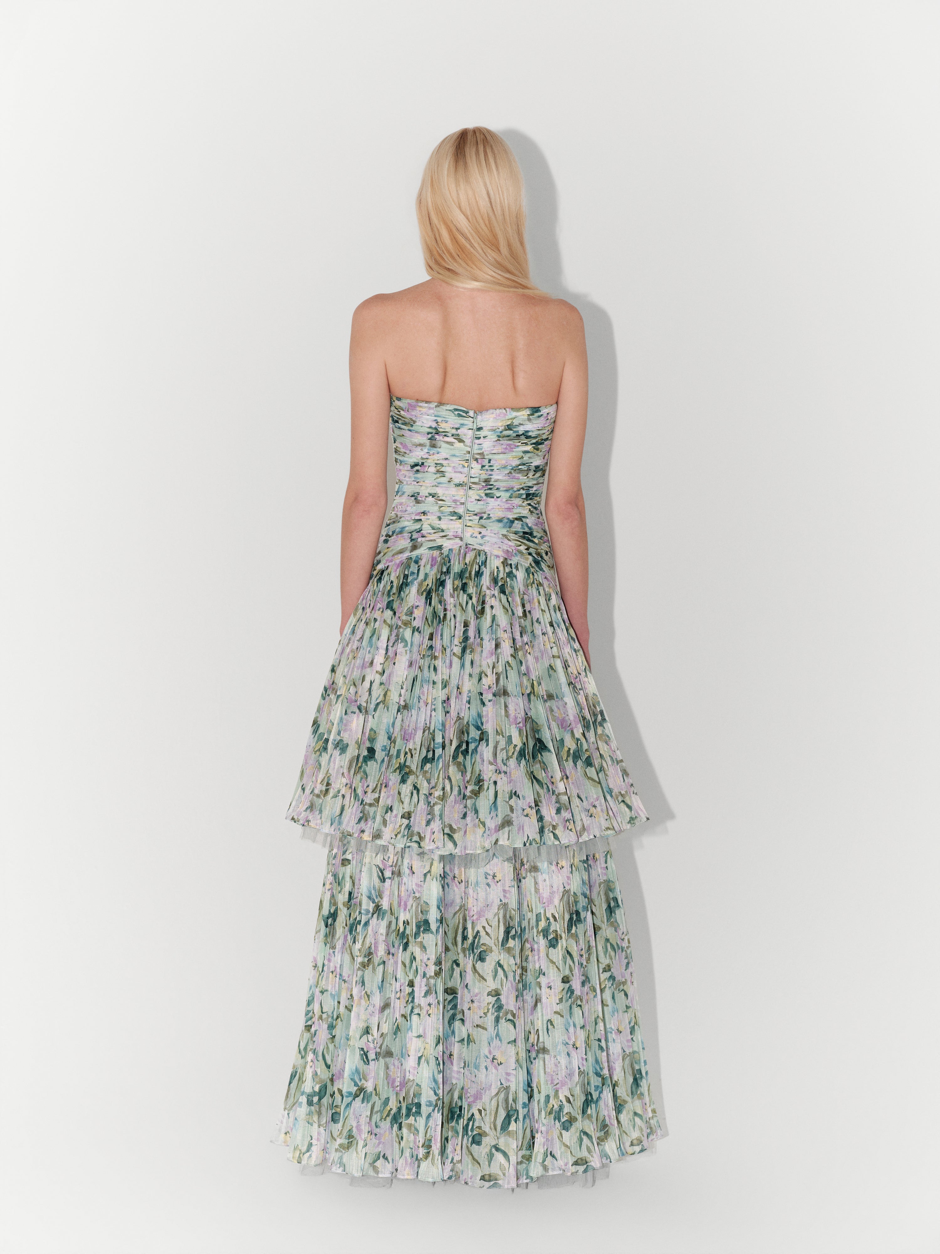 Layered Floral-Print Organza Gown