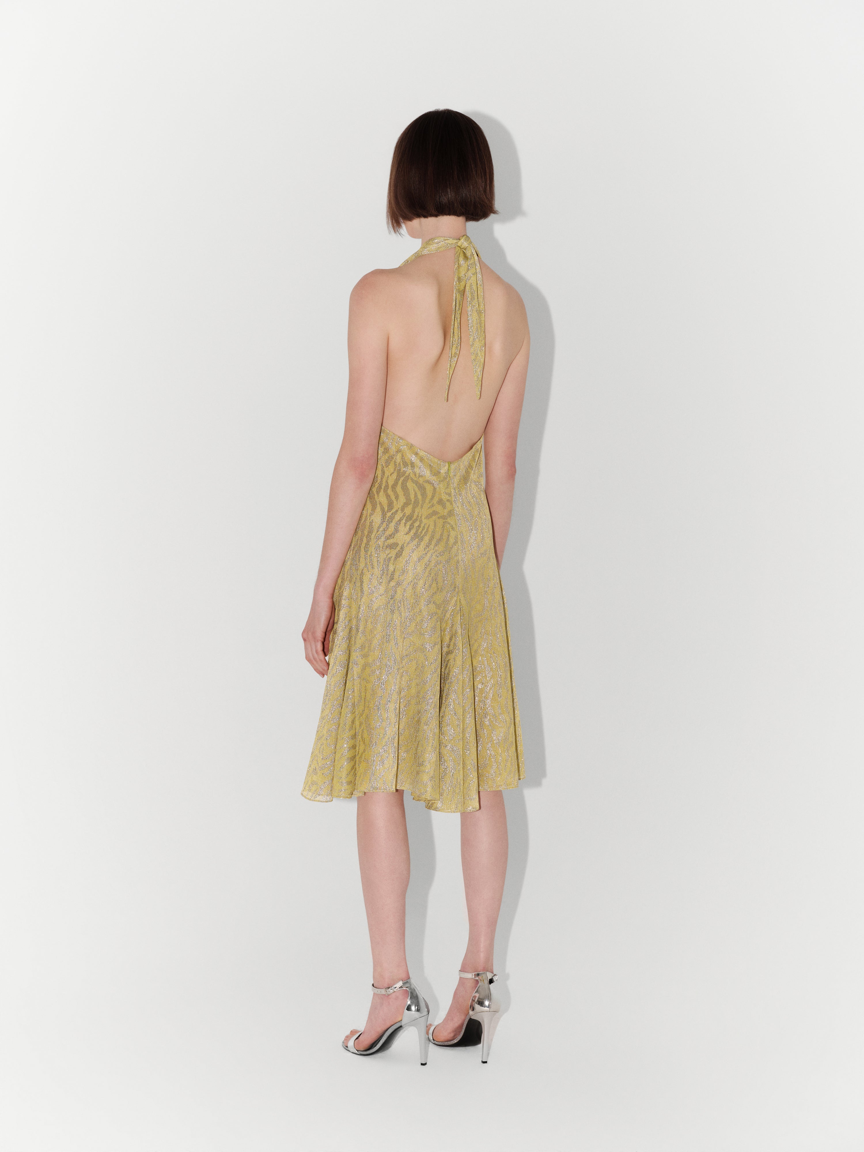 Halter-Neck Shimmer Textured Mini Dress in Yellow
