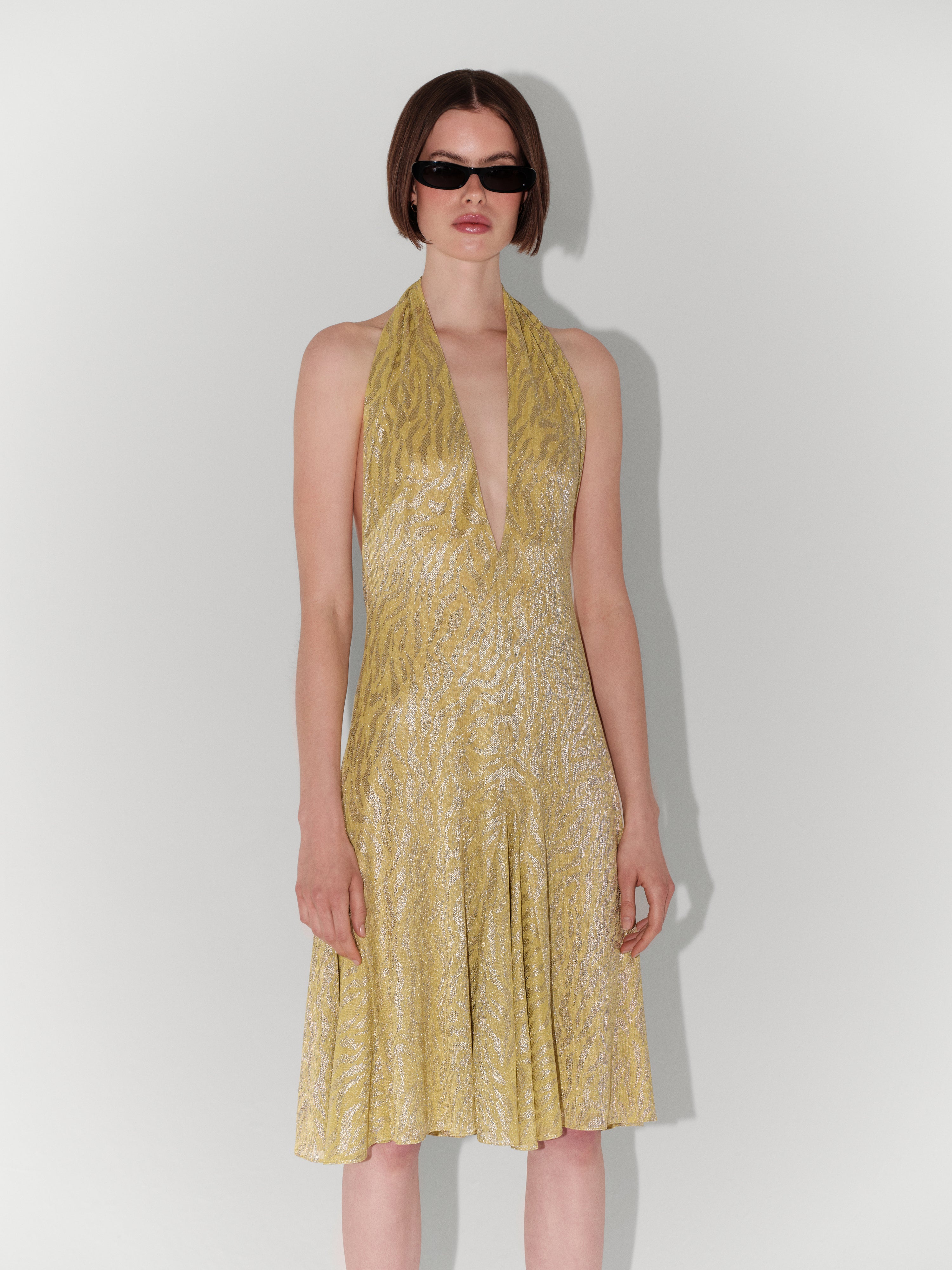 Halter-Neck Shimmer Textured Mini Dress in Yellow