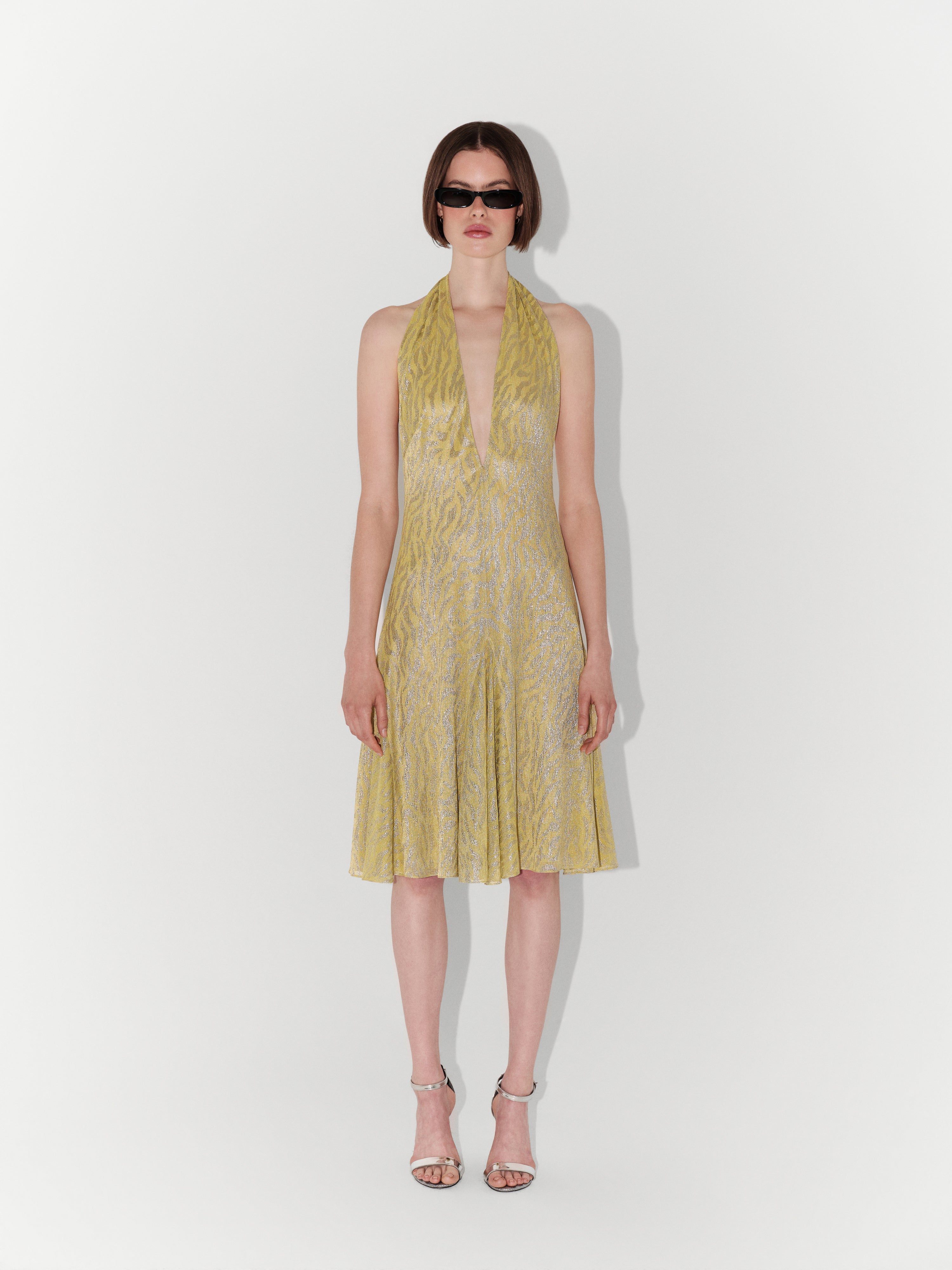 Halter-Neck Shimmer Textured Mini Dress in Yellow