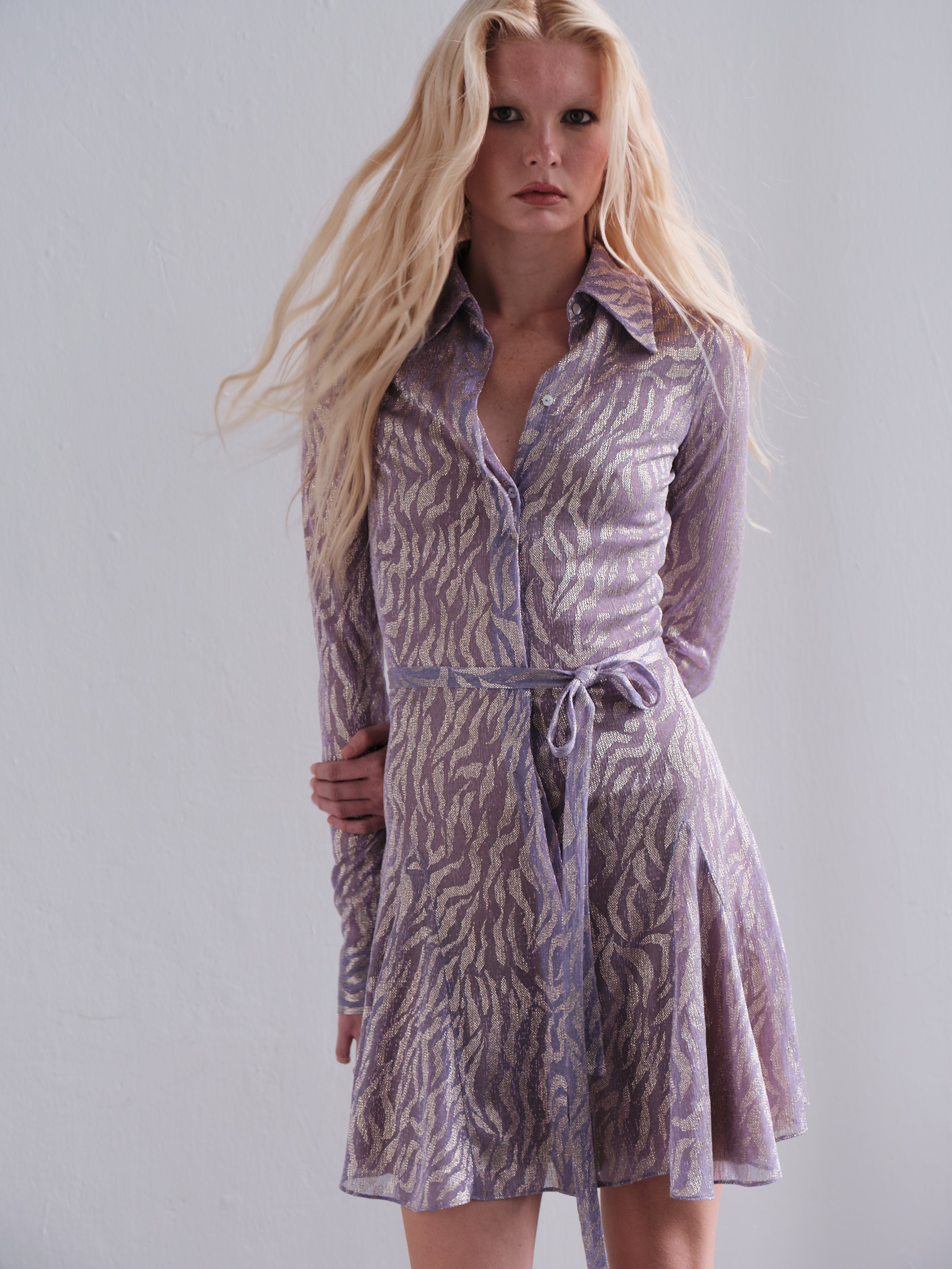 Shimmer Textured Mini Shirt Dress in Lilac