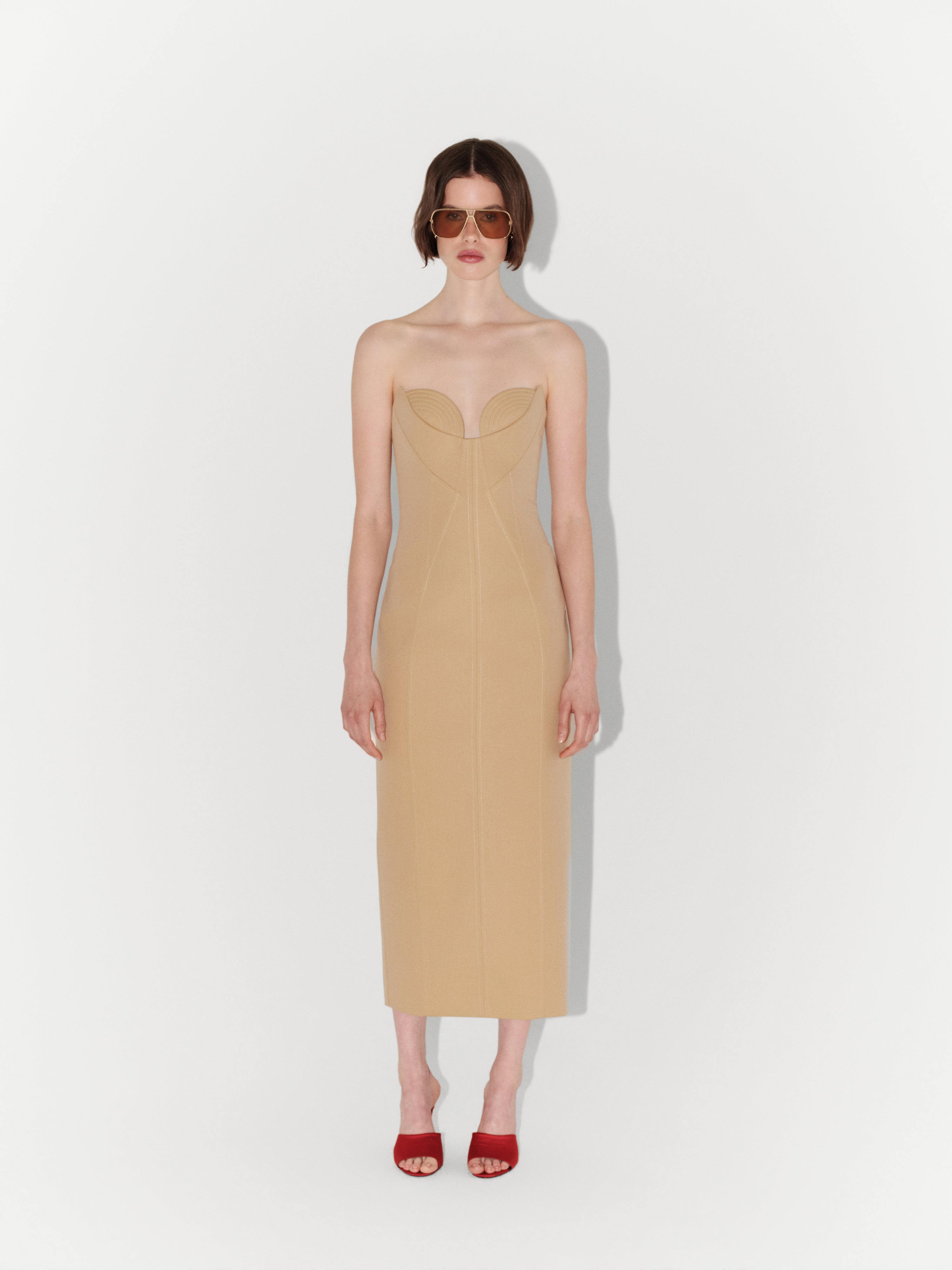 Structured Gabardine Midi Dress in Beige