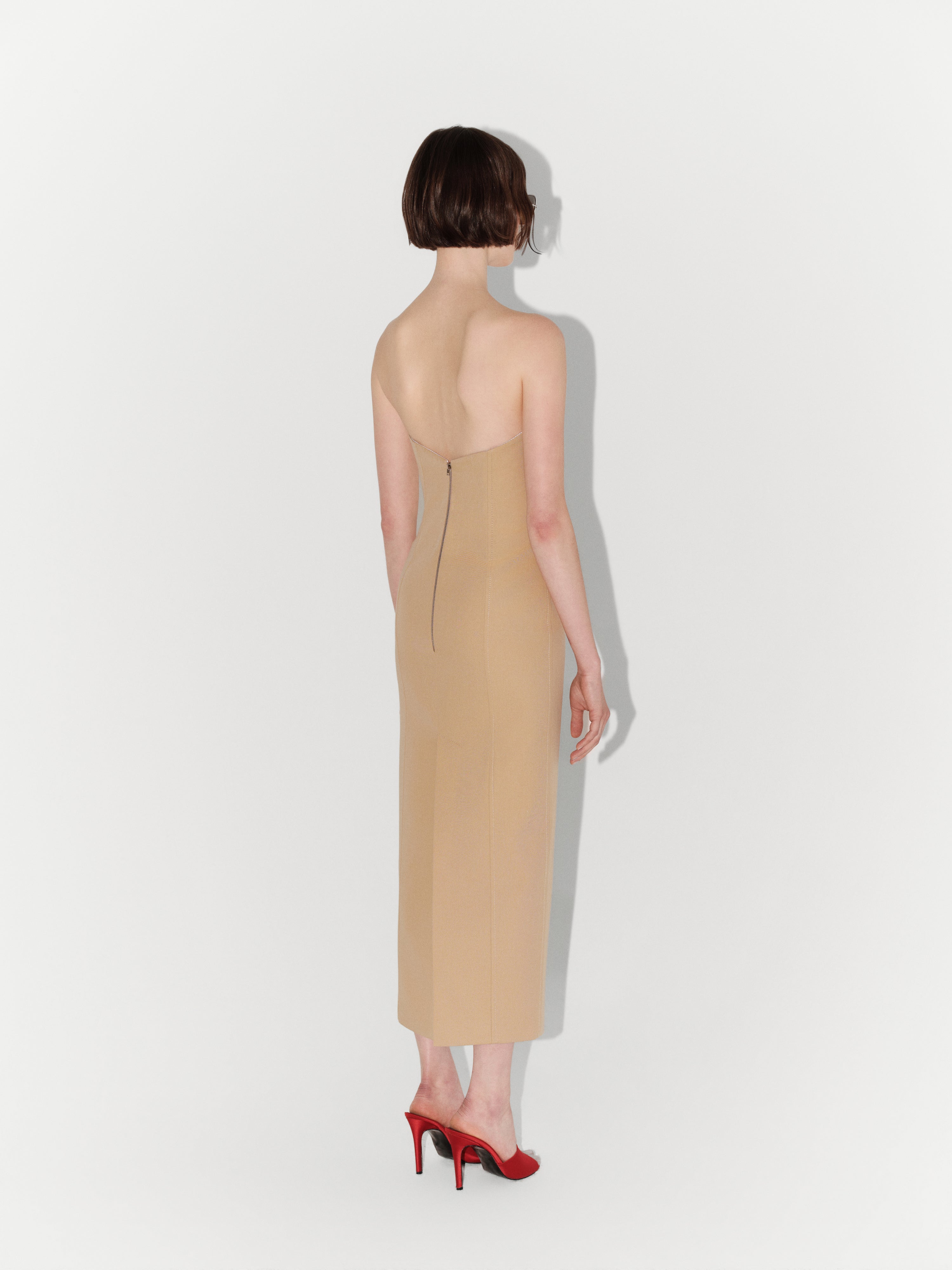 Structured Gabardine Midi Dress in Beige