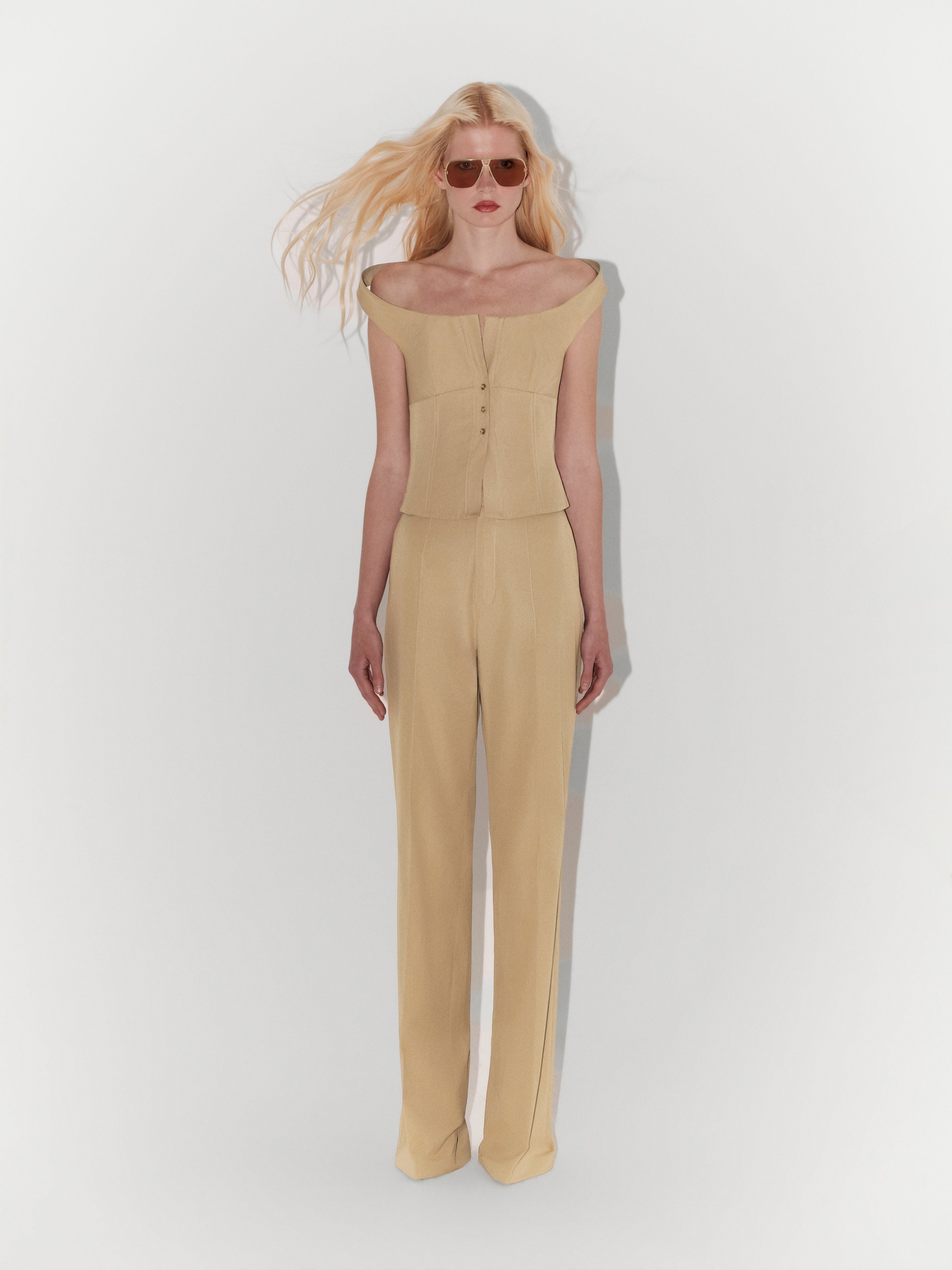 Relaxed-Fit Poplin Trousers in Beige