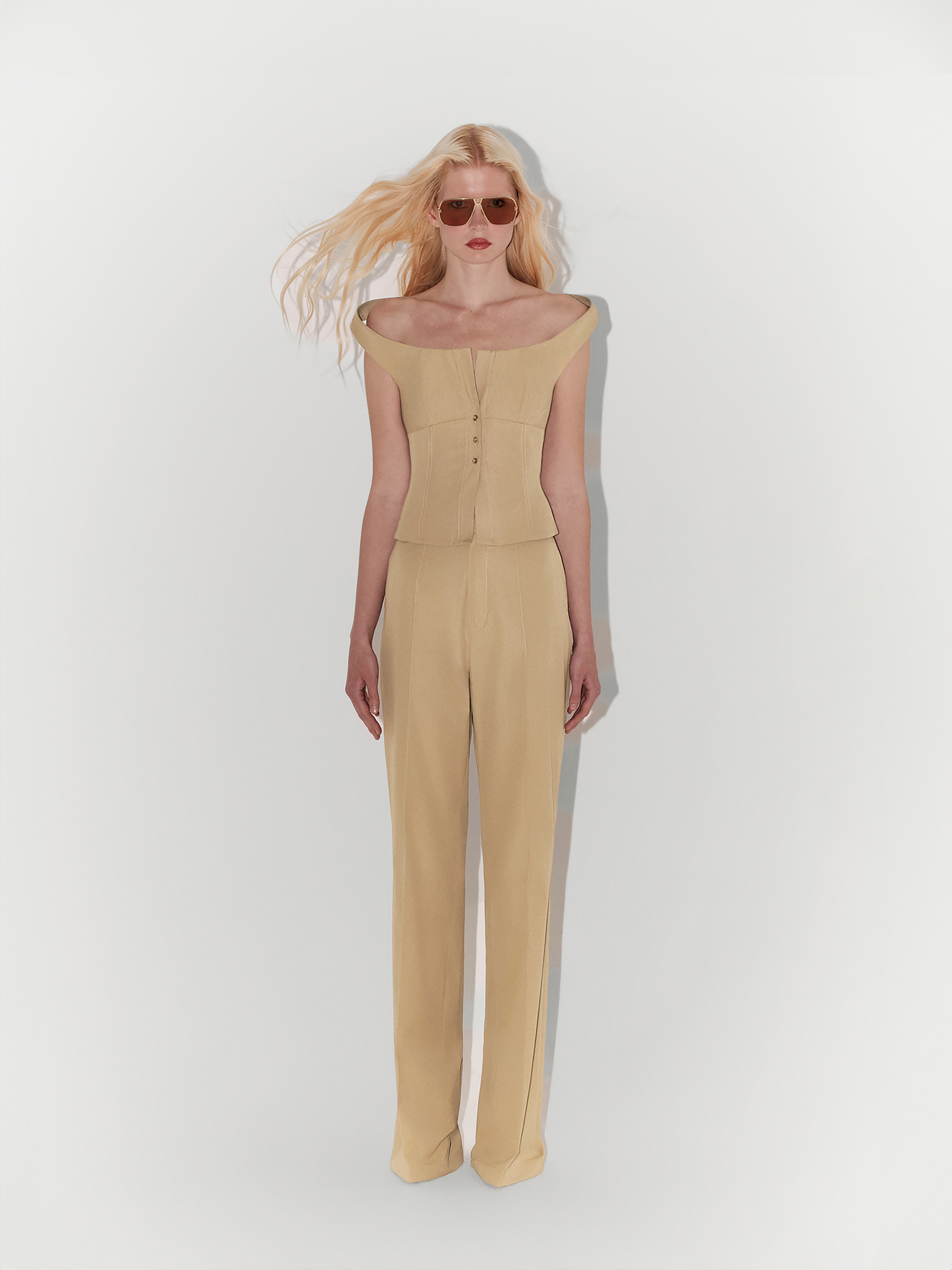Shoulder-Detailed Poplin Bustier in Beige
