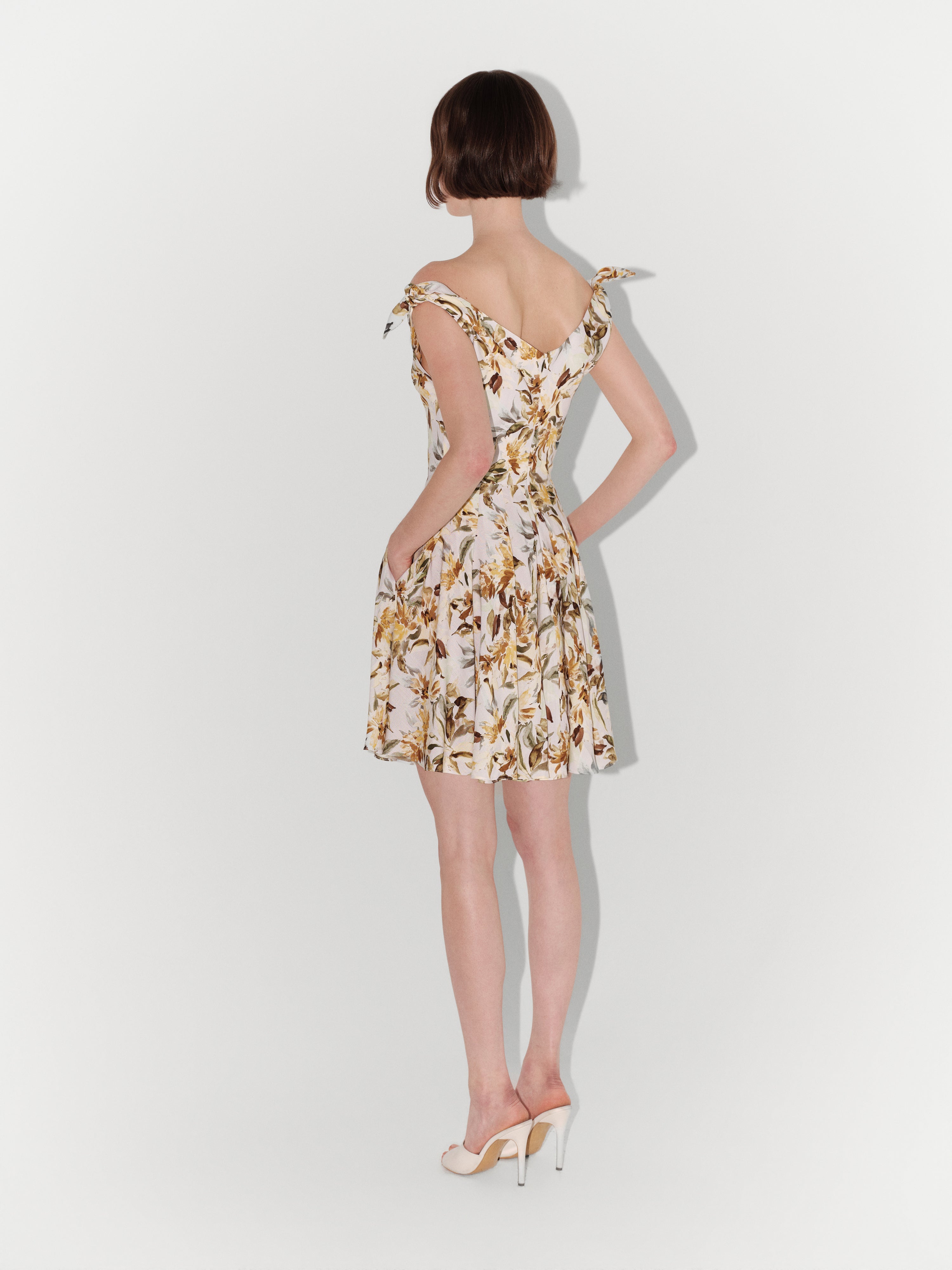Floral-Print Linen Tie-Shoulder Mini Dress