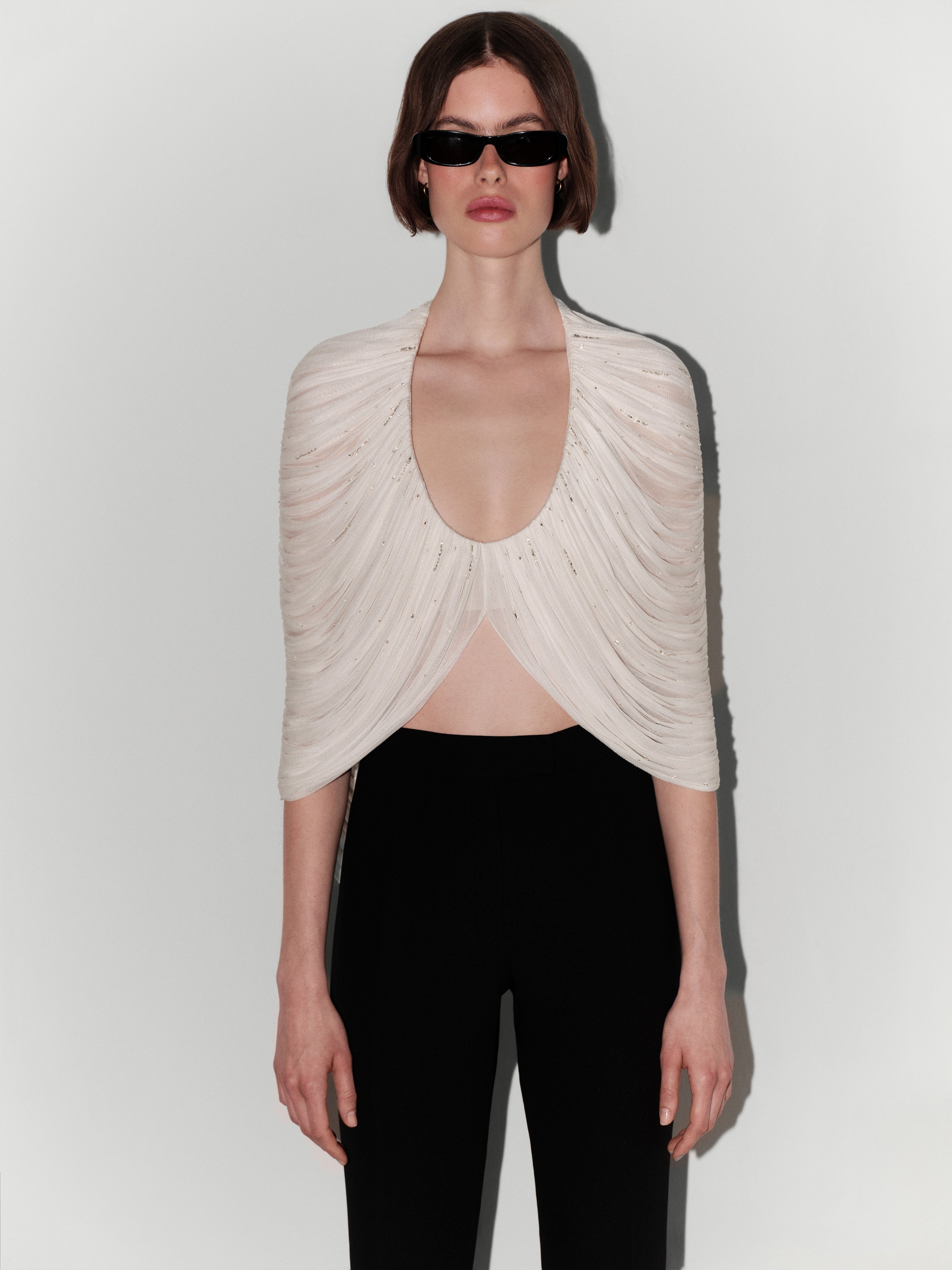 Hand-Embellished Silk Tulle Bolero Top in White
