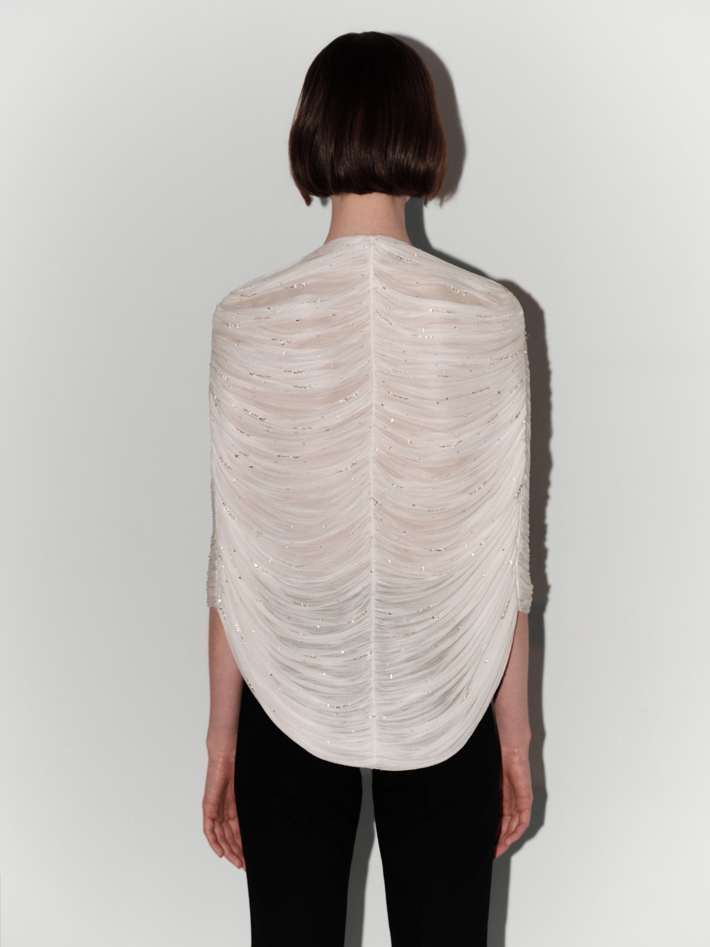 Hand-Embellished Silk Tulle Bolero Top in White