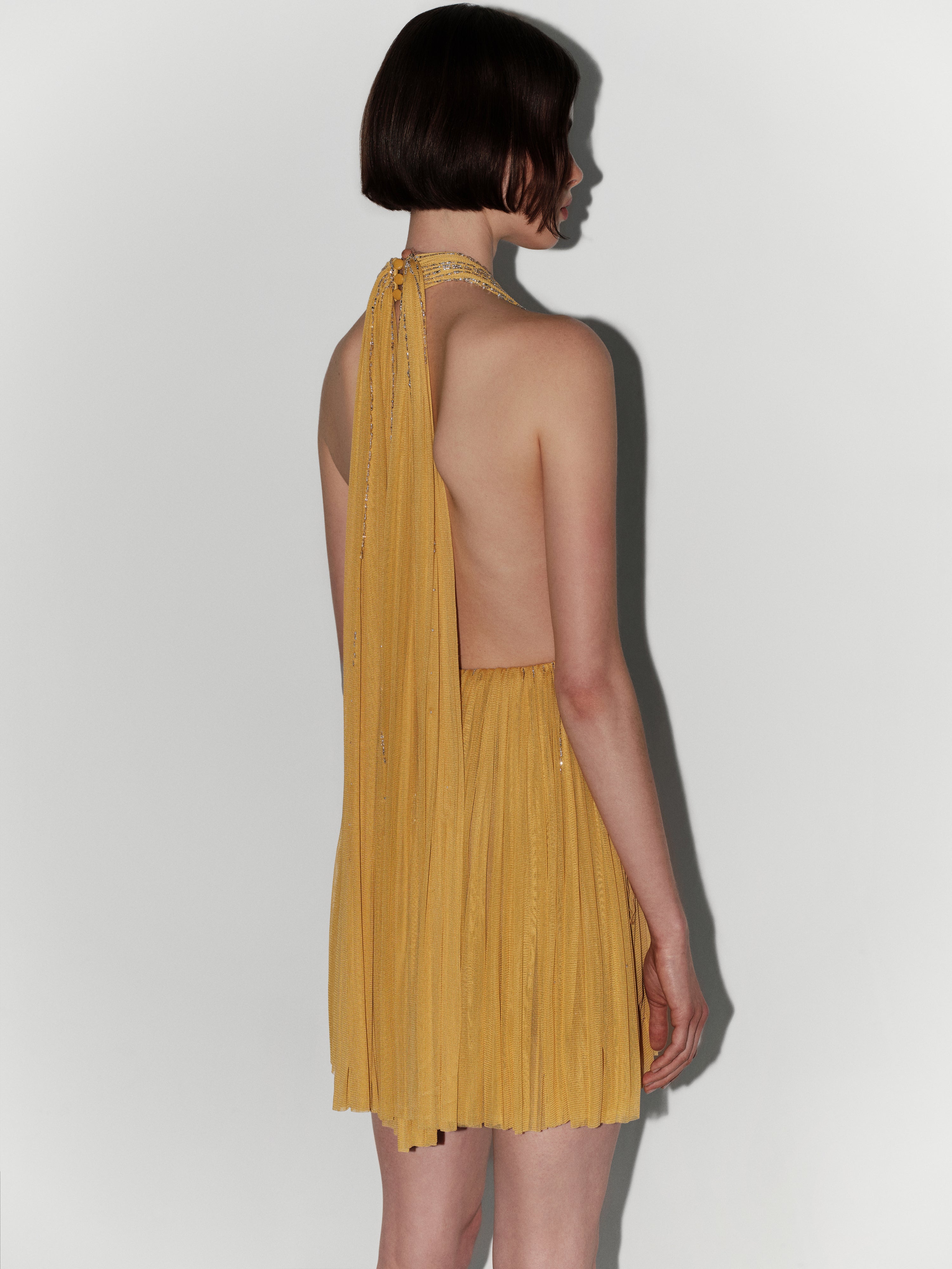 Halter-Neck Hand-Embroidered Silk Tulle Couture Mini Dress in Yellow