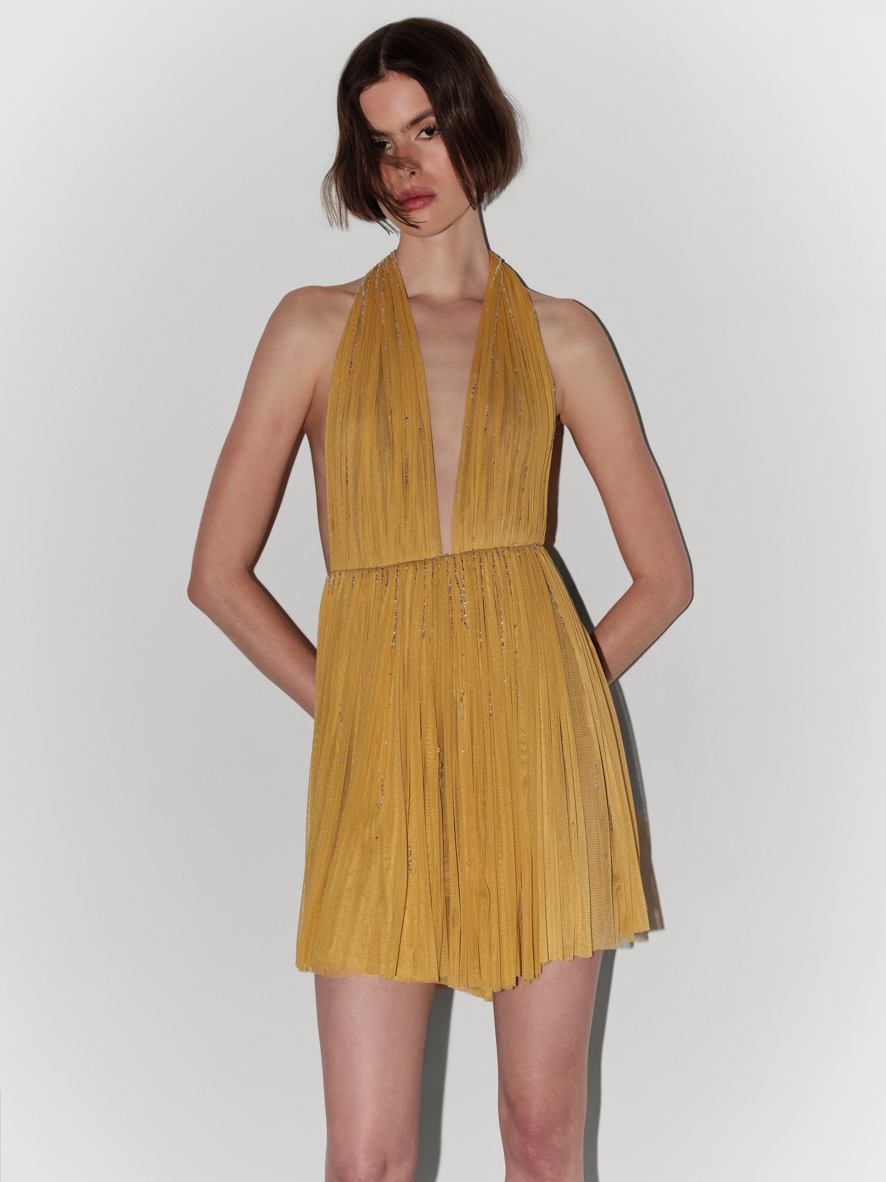 Halter-Neck Hand-Embroidered Silk Tulle Couture Mini Dress in Yellow