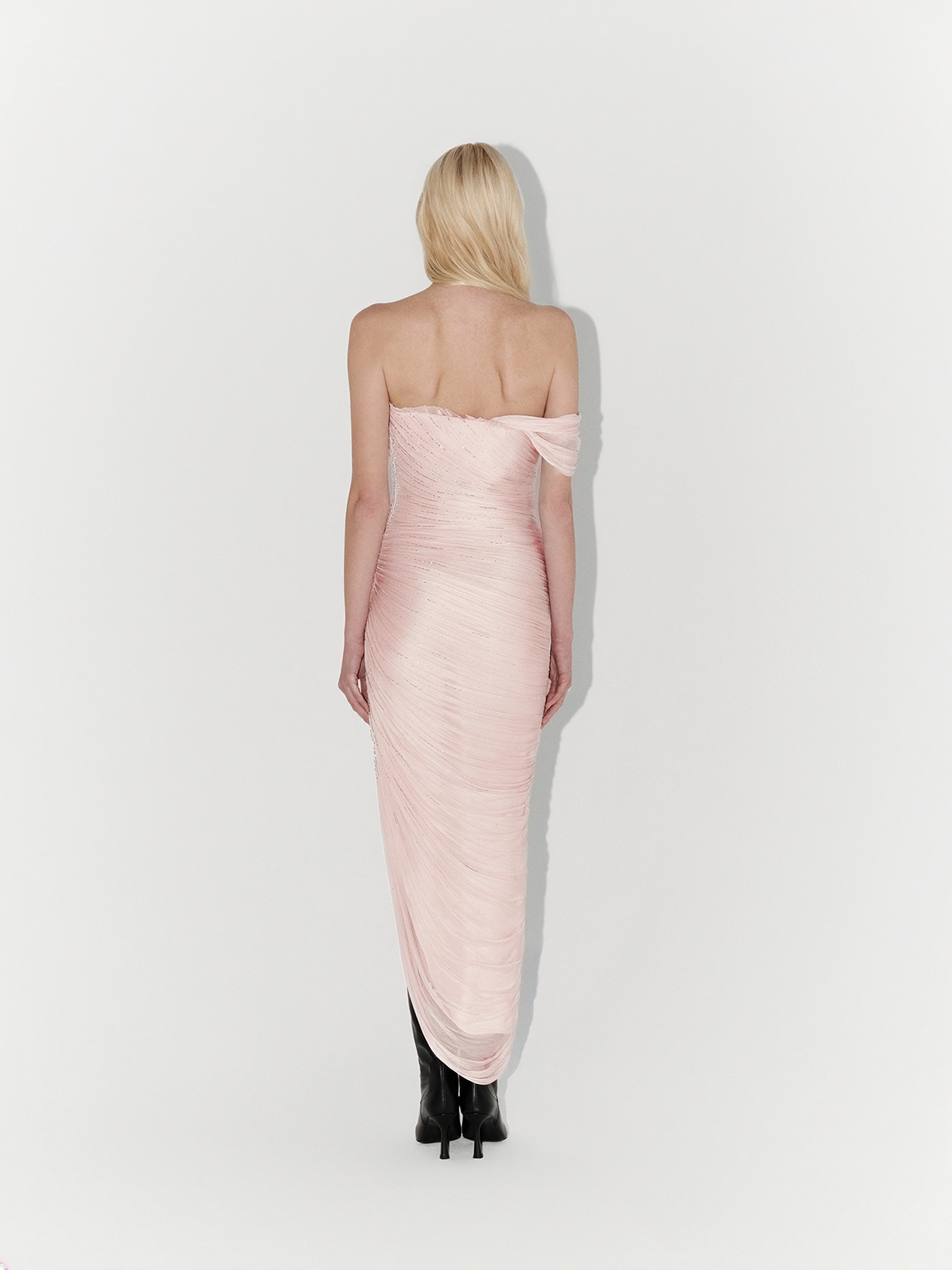 Hand-Embellished Silk Tulle Midi Dress in Pink