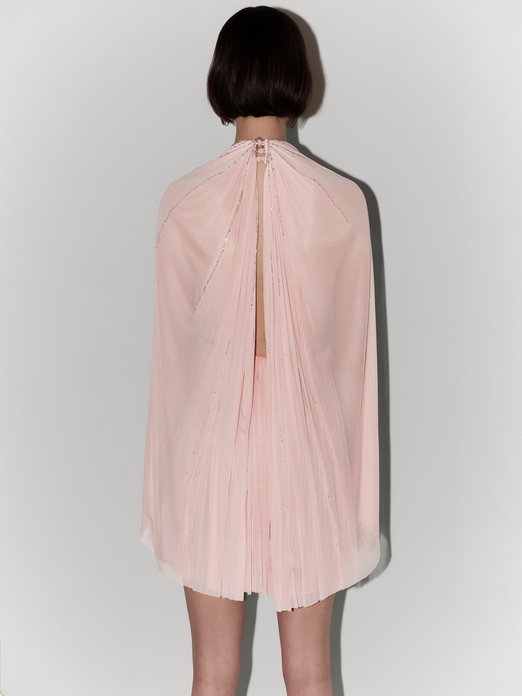 Halter-Neck Hand-Embroidered Silk Tulle Couture Mini Dress in Pink