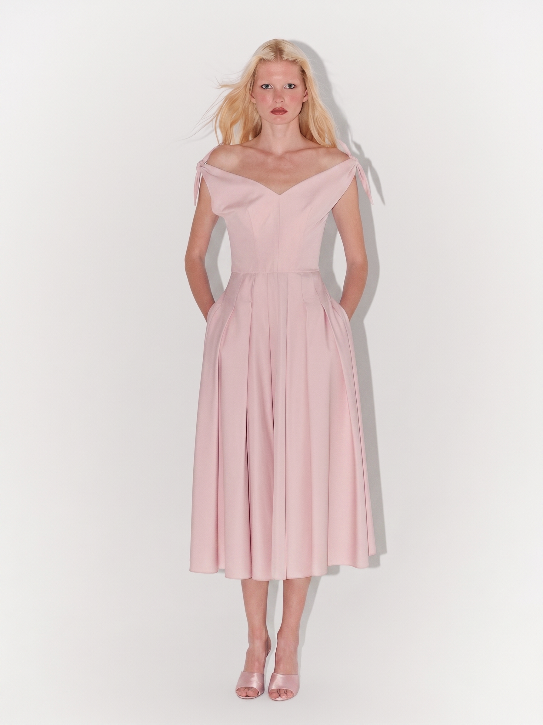 Poplin Tie-Shoulder Midi Dress in Pink