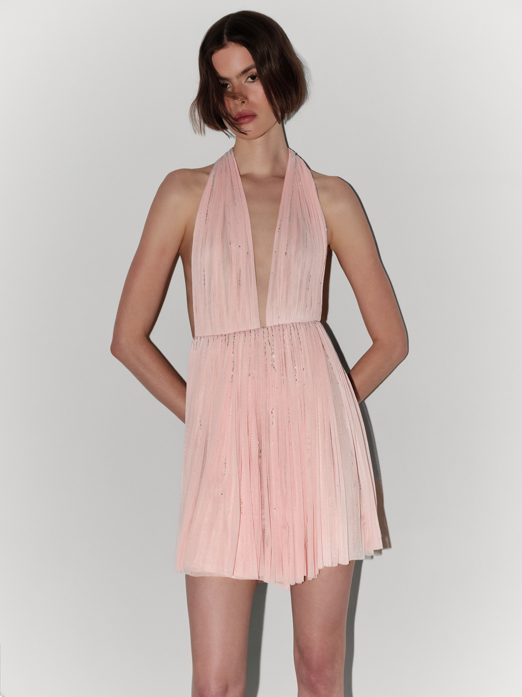 Halter-Neck Hand-Embroidered Silk Tulle Couture Mini Dress in Pink