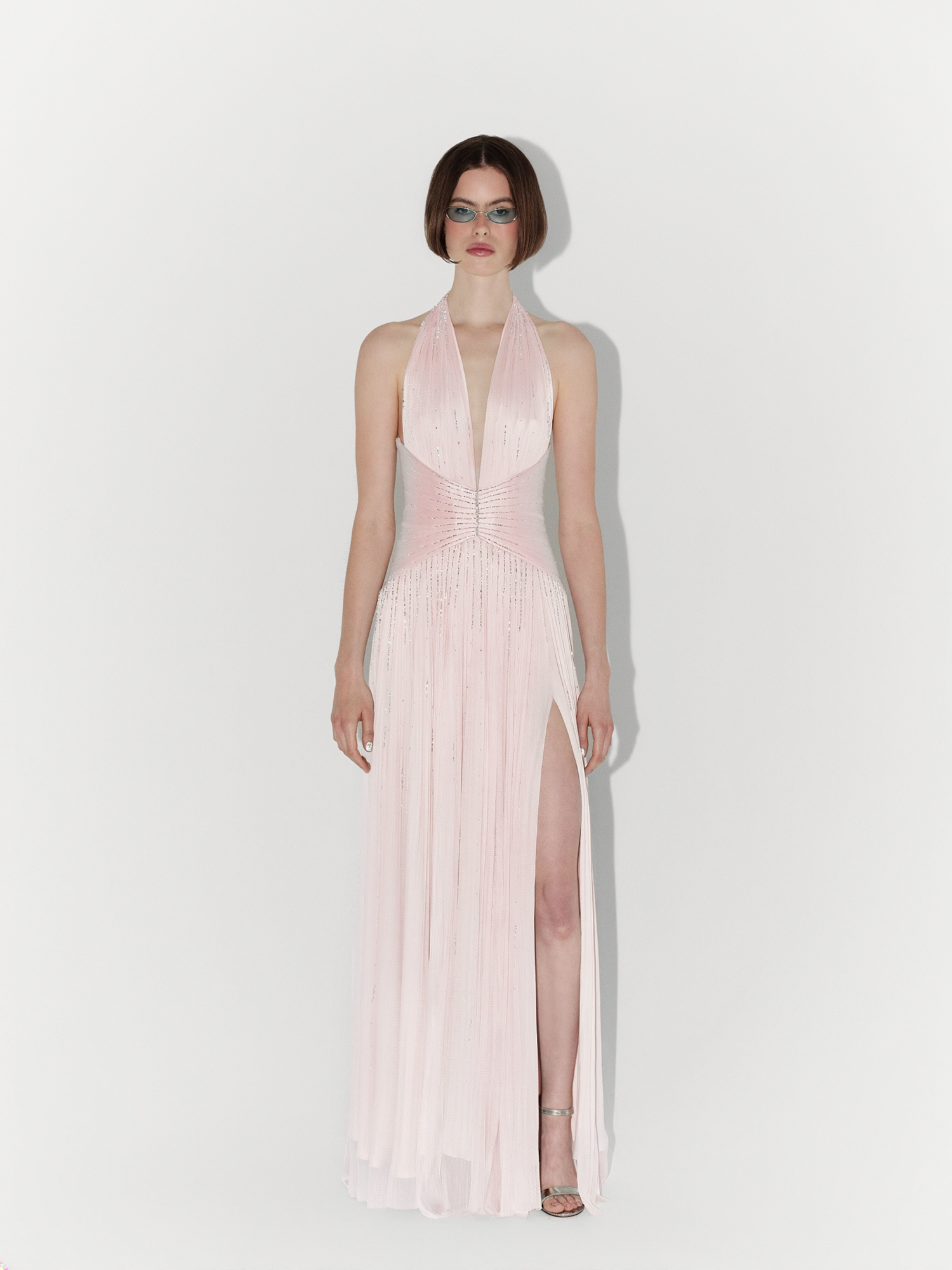 Hand-Embellished Silk Tulle Gown in Pink