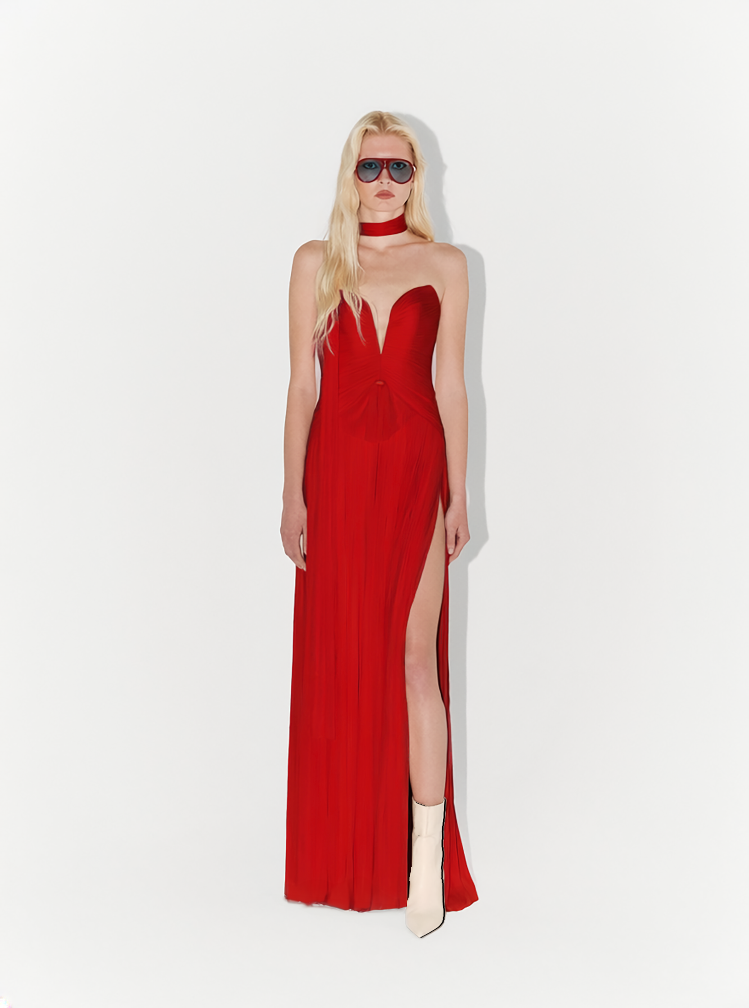 Silk Tulle Flowing Couture Gown in Red
