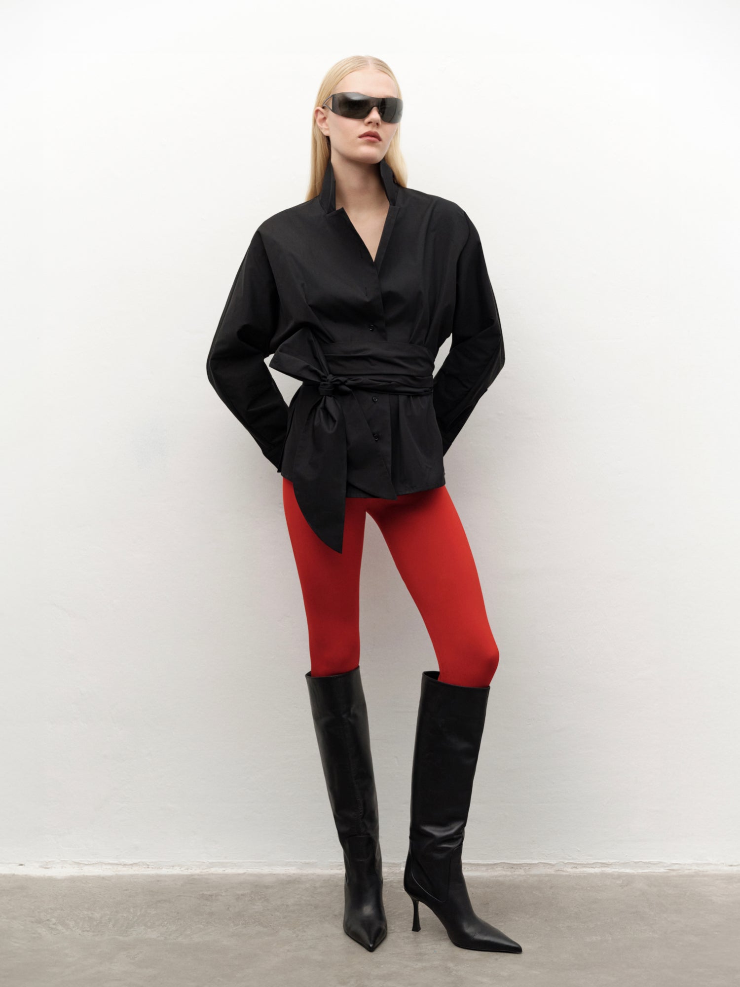 Cotton Shirt with Tie Detail in Black