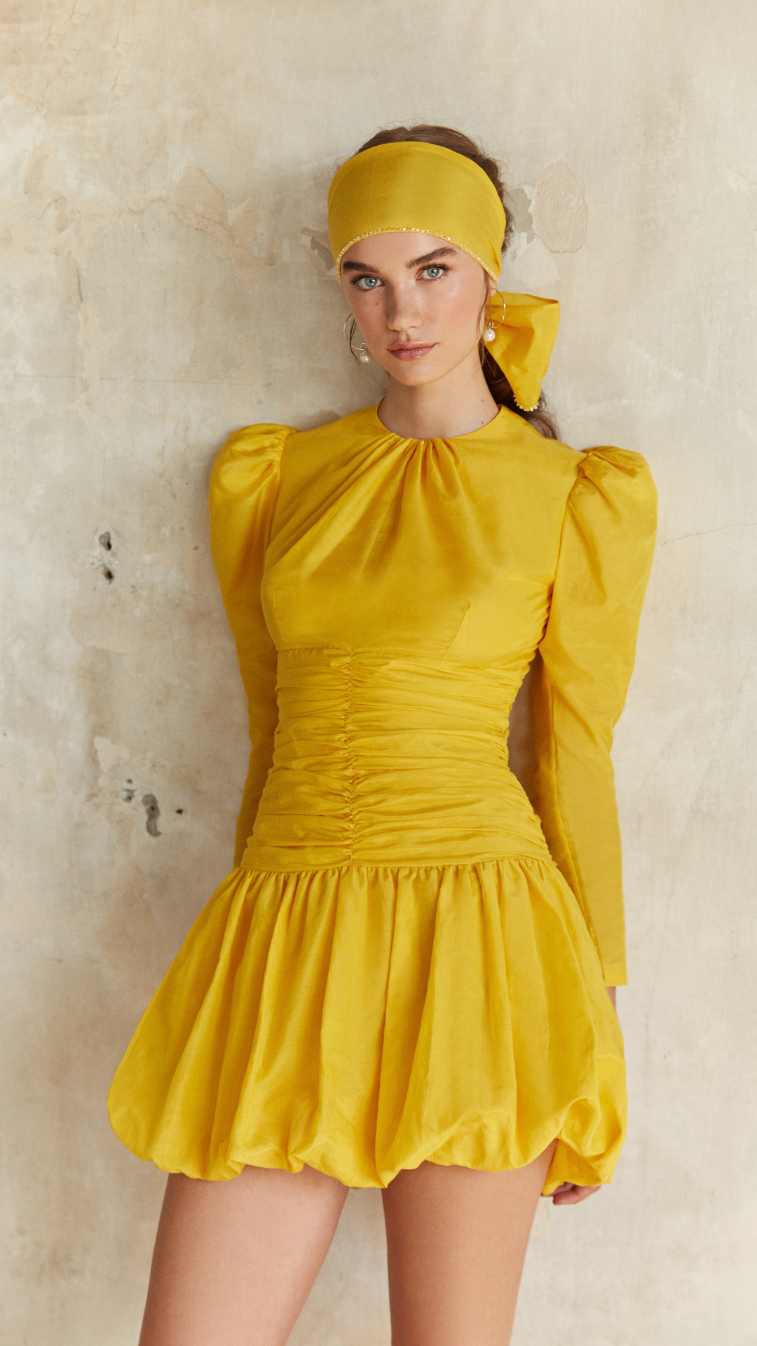 Yellow Puff-Sleeve Ruched Mini Dress