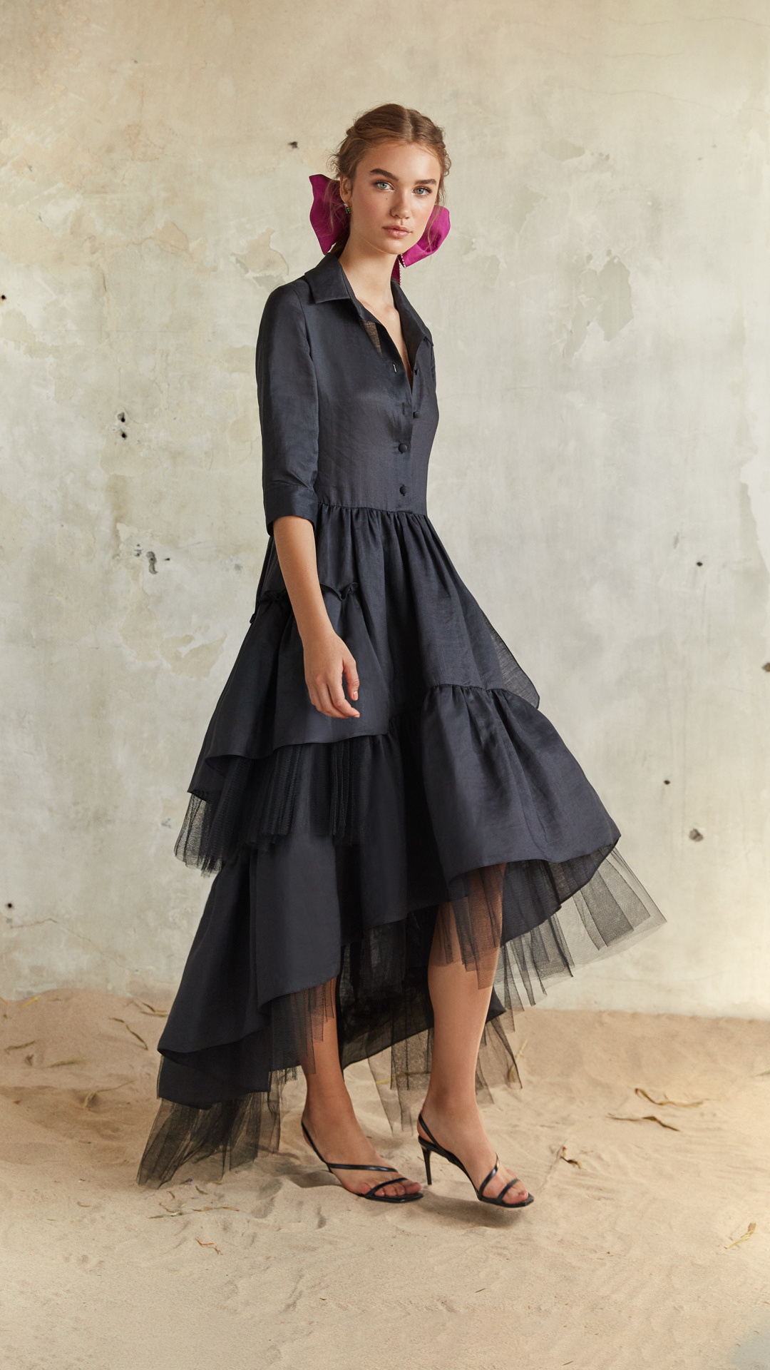 Black Asymmetric Tulle-Trim Midi Dress