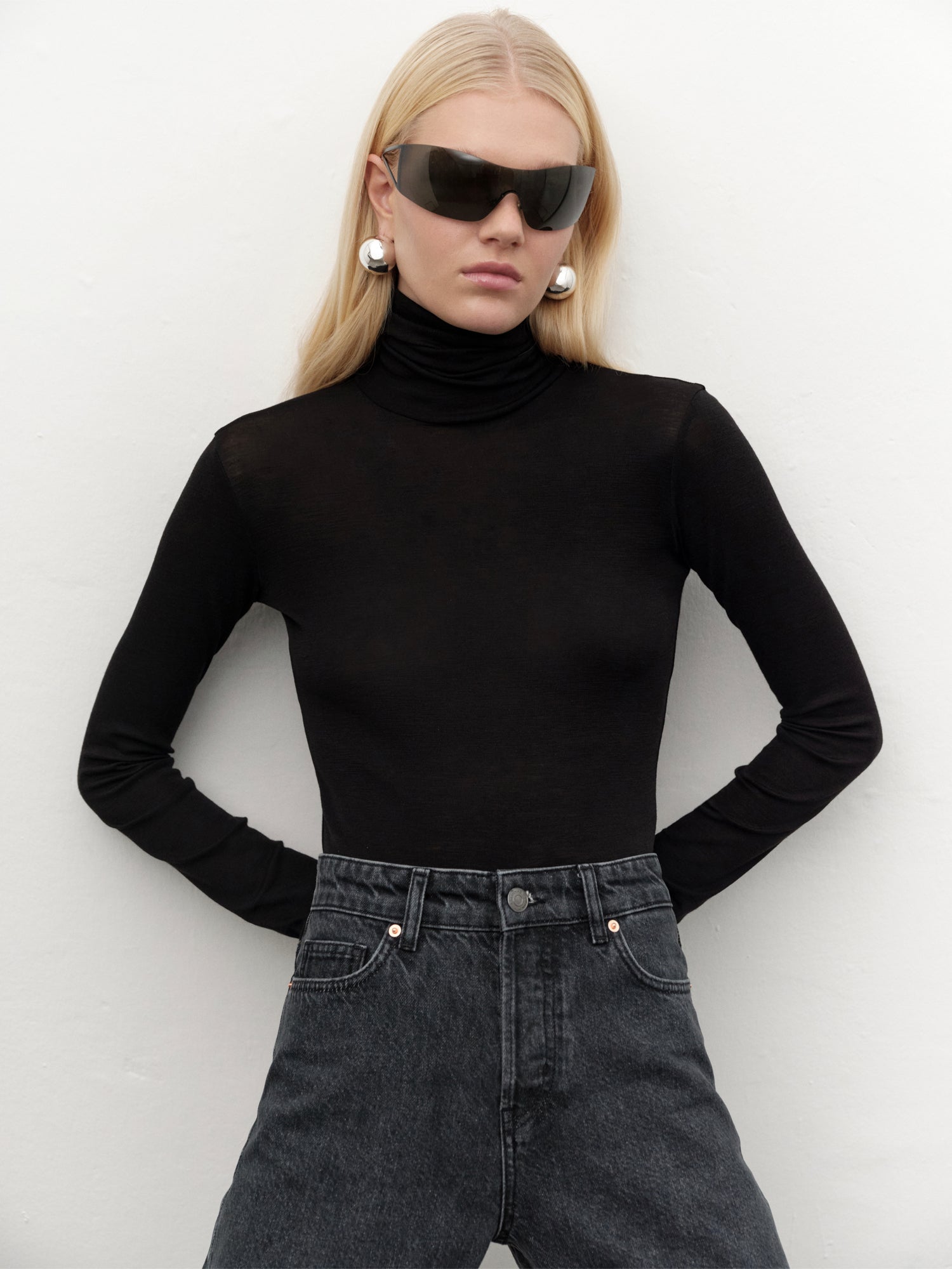 Wool-blend Turtleneck Bodysuit in Black