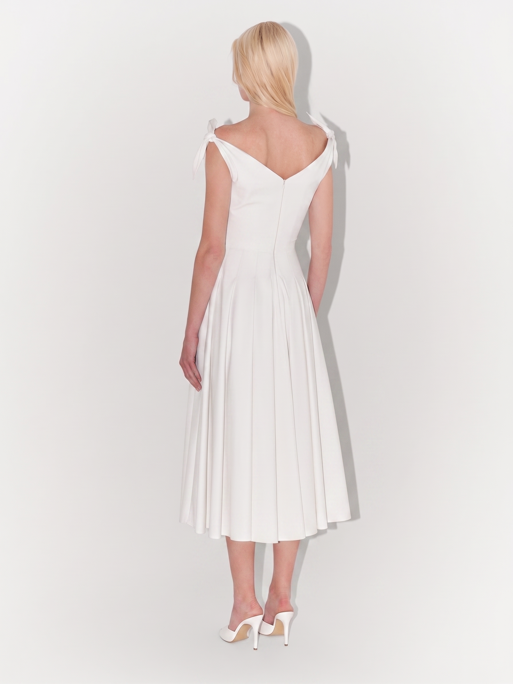 Poplin Tie-Shoulder Midi Dress in White